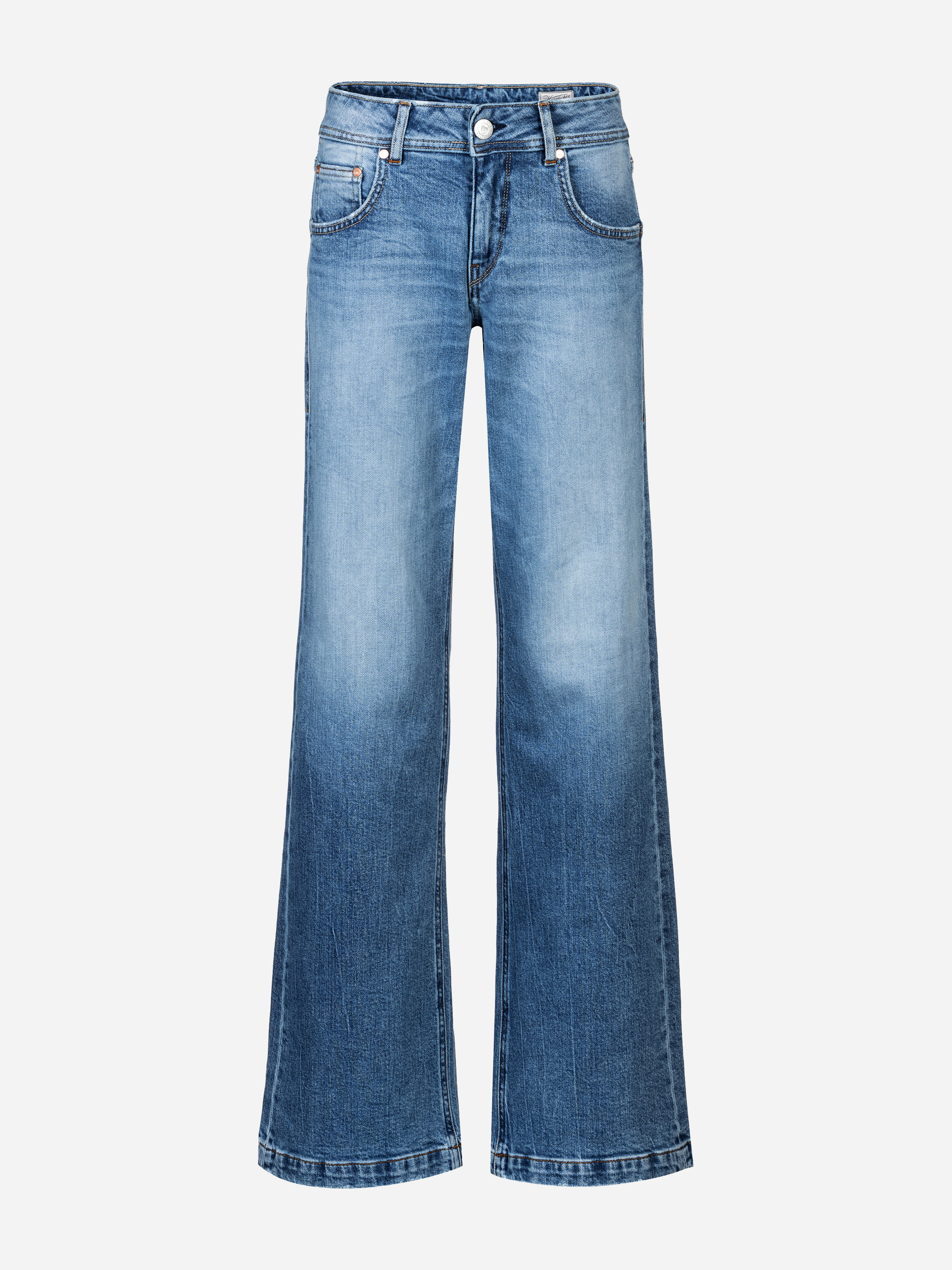 Ein Paar blaue Denim-Jeans mit hoher Taille, Knopfverschluss vorne, klassischem Five-Pocket-Design und weitem Bein, dargestellt auf einem schlichten weißen Hintergrund.