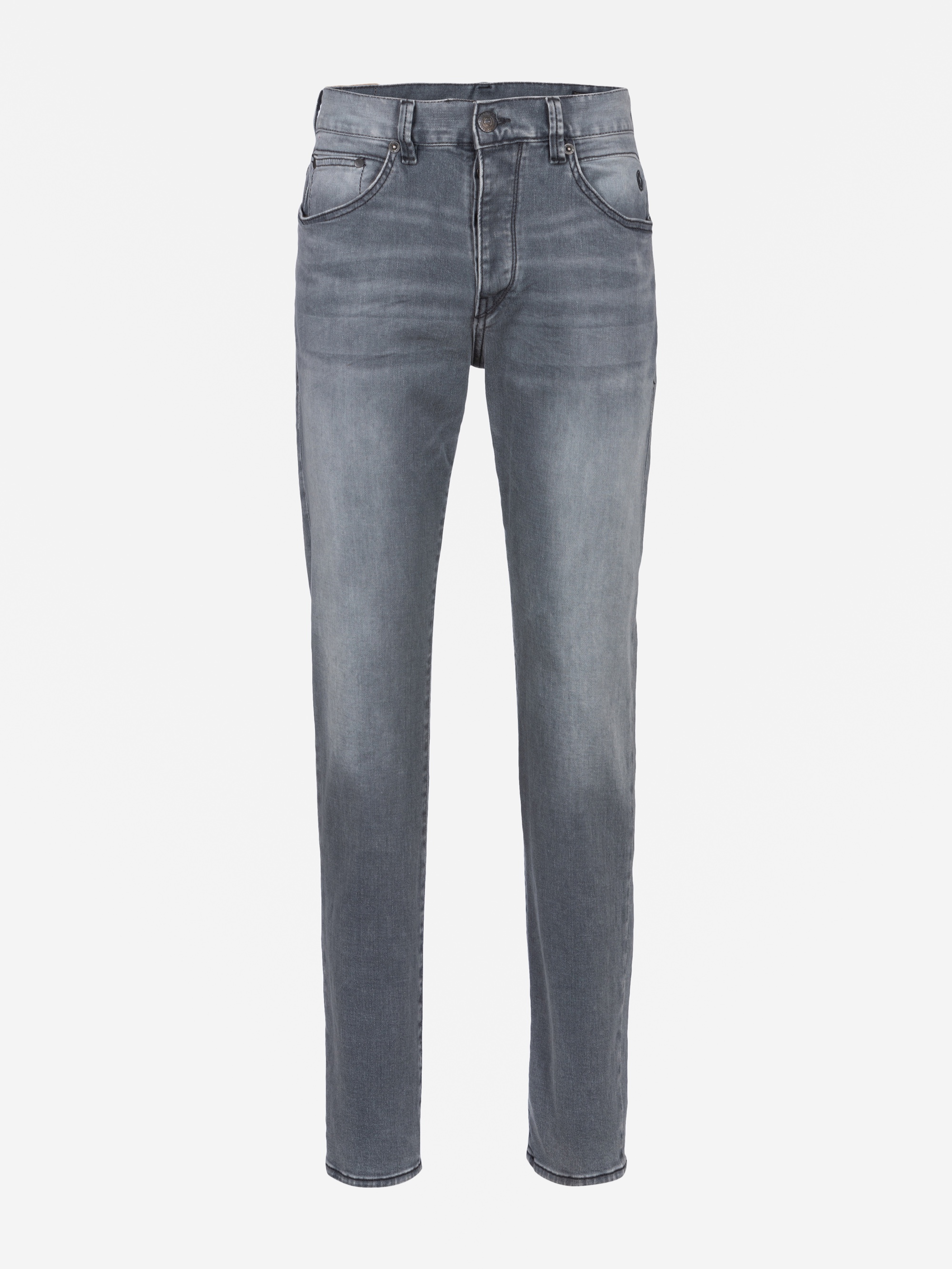 Ein Paar graue Jeans mit geradem Bein und mittlerer Leibhöhe, mit Vorder- und Gesäßtaschen, abgebildet auf einem einfarbig weißen Hintergrund.