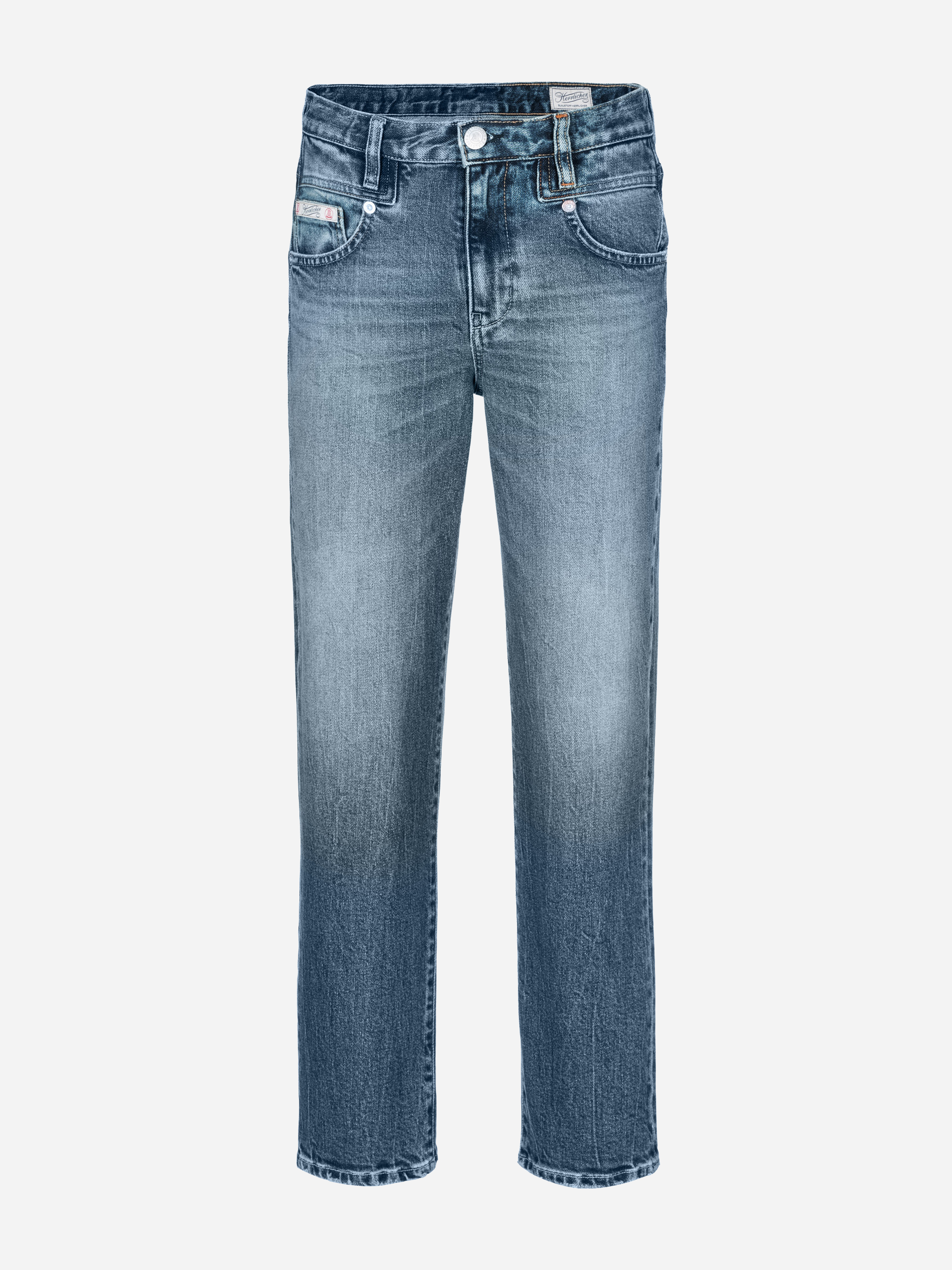 Ein Paar blaue Jeans mit geradem Bein, verblasster Waschung, Vordertaschen, Gürtelschlaufen und einem Verschluss mit Knopf und Reißverschluss auf weißem Hintergrund.