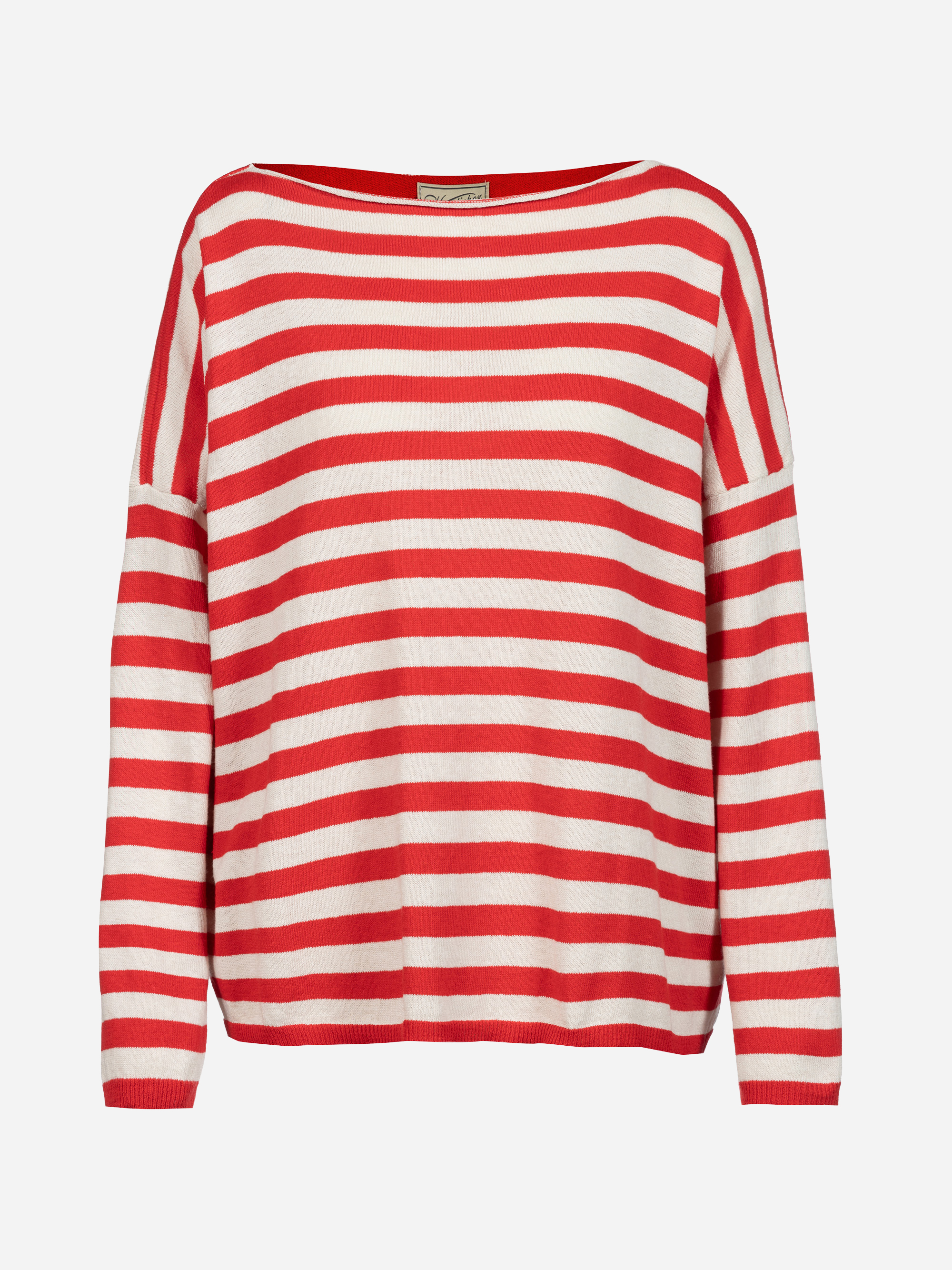 Ein langärmeliger, locker sitzender Pullover mit horizontalen roten und weißen Streifen und einem weiten Halsausschnitt, der vor einem schlichten weißen Hintergrund zu sehen ist.