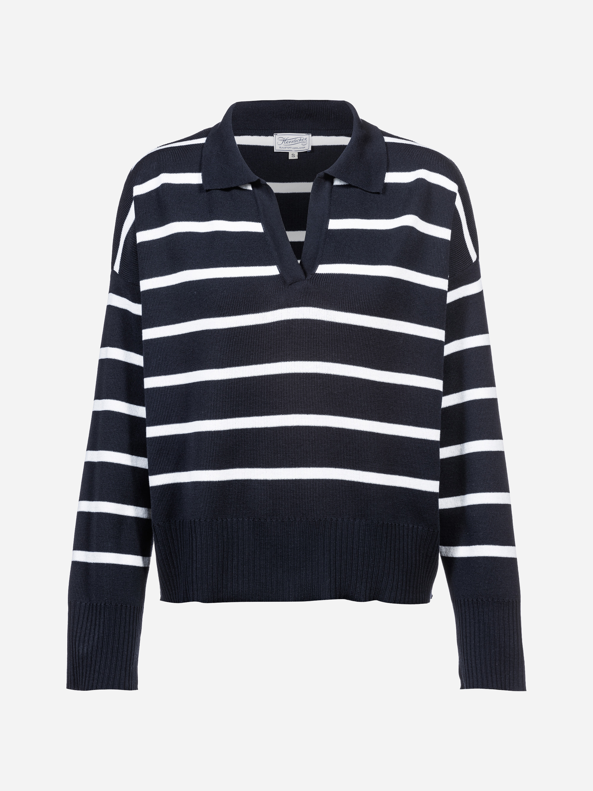 Langärmeliger, marineblauer Strickpullover mit weißen Querstreifen, einem Kragen und einem V-Ausschnitt. Der Pullover hat eine lockere Passform und gerippte Bündchen und Saum.