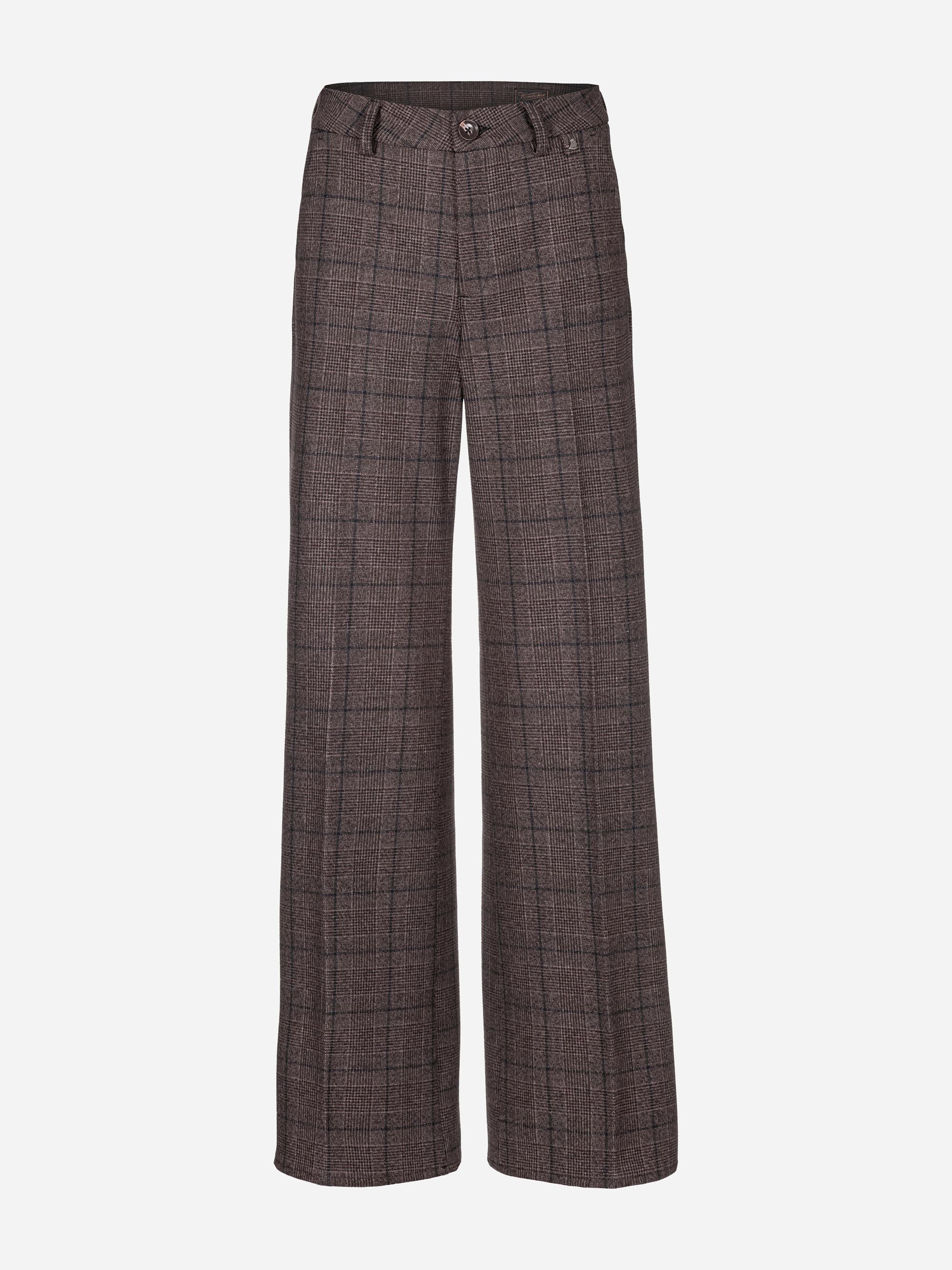 Braun karierte Hose mit weitem Bein, hoher Taille, Gürtelschlaufen, Seitentaschen und einem Knopf- und Reißverschluss vorne auf weißem Hintergrund.