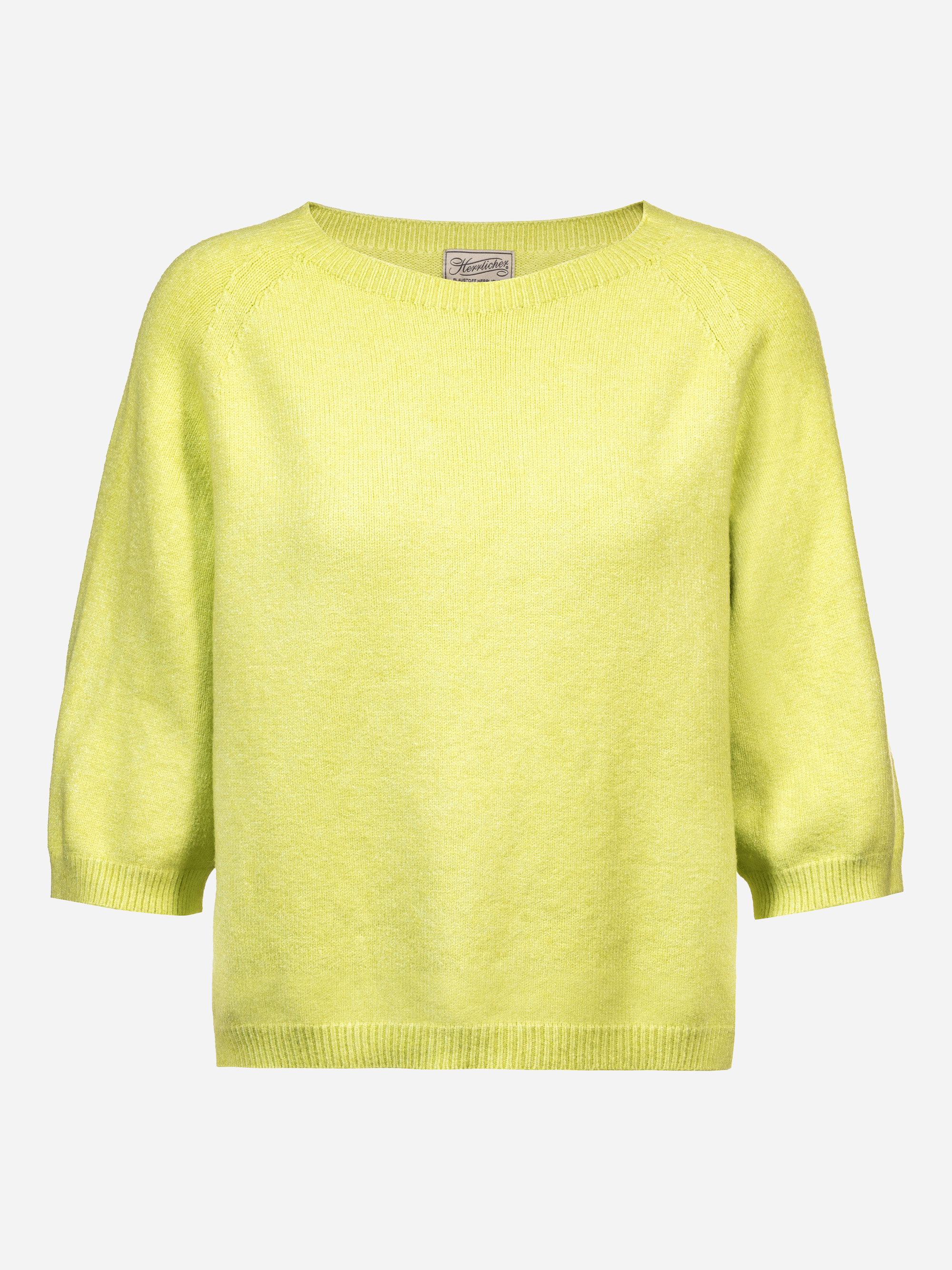 Ein leuchtend gelb-grüner Strickpullover mit Rundhalsausschnitt, halblangen Ärmeln und gerippten Bündchen und Saum auf einfarbig weißem Hintergrund.