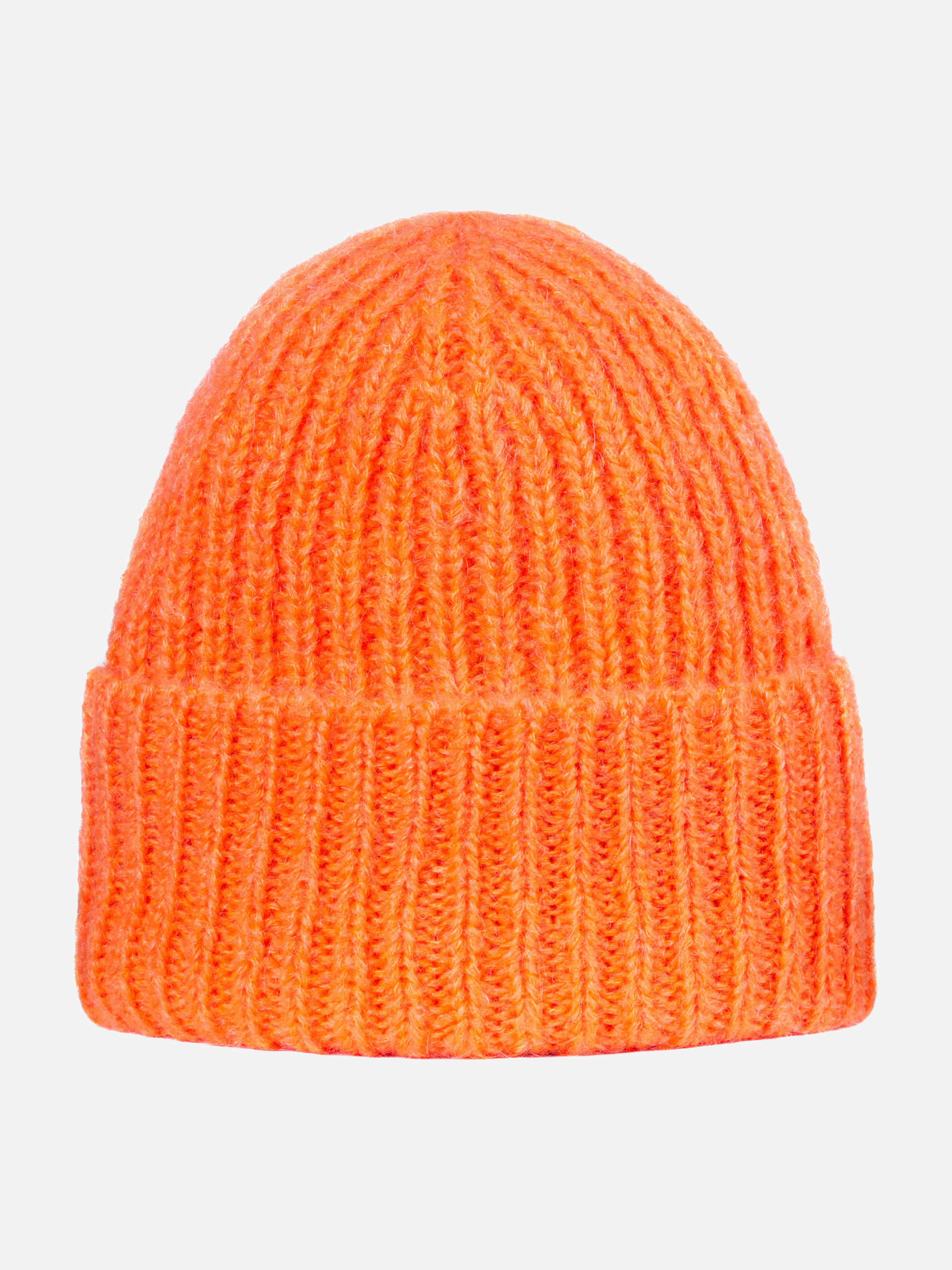 Leuchtend orangefarbene Strickmütze mit breiter, umgeschlagener Krempe und gerippter Struktur auf einfarbig weißem Hintergrund.