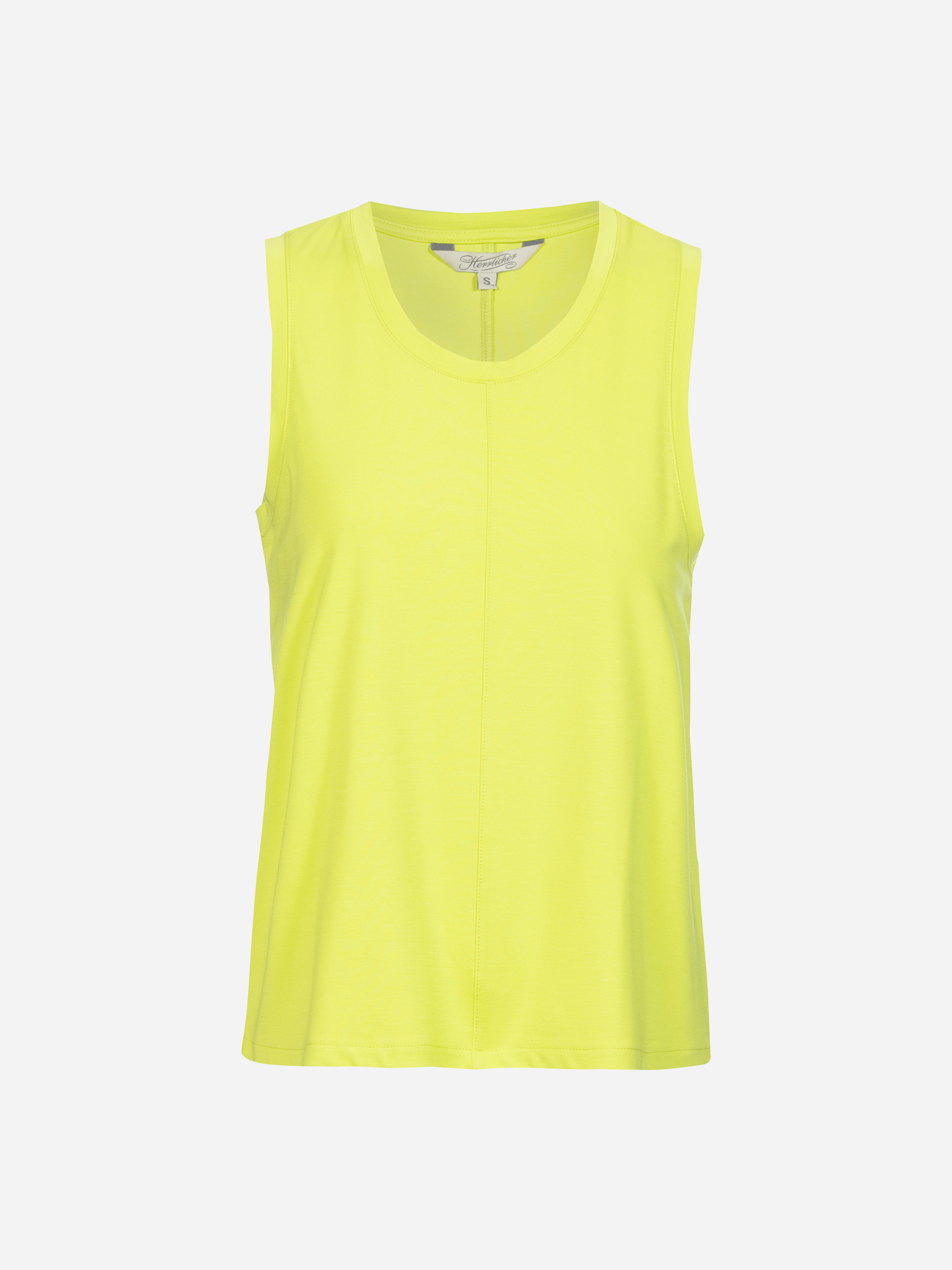 Ärmelloses, leuchtend gelbes Tank-Top mit Rundhalsausschnitt und sichtbarer Mittelnaht auf einfarbig weißem Hintergrund.