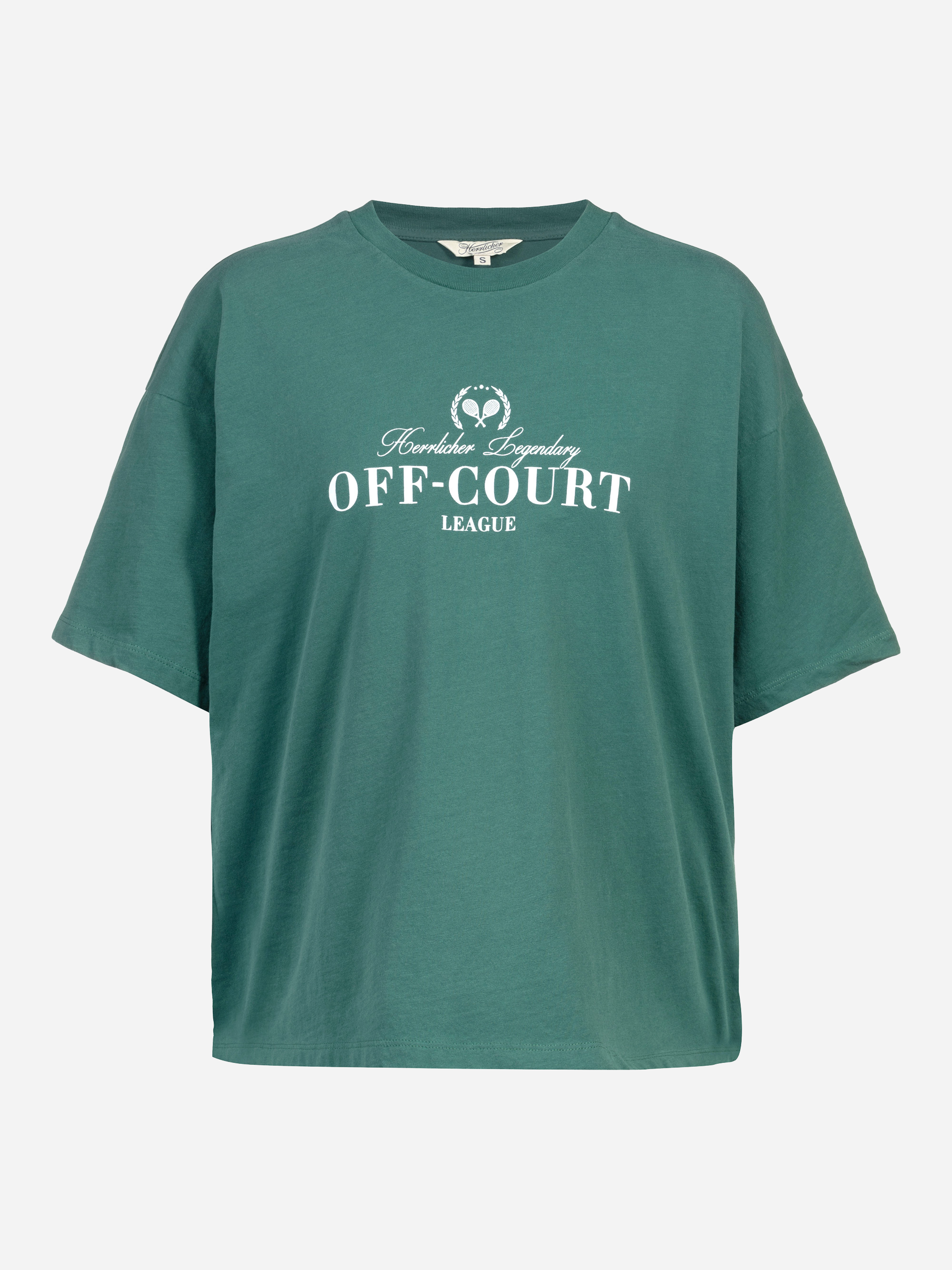 Grünes T-Shirt in Übergröße mit kurzen Ärmeln und Rundhalsausschnitt. Auf der Vorderseite befindet sich ein weißer Text mit der Aufschrift Worldwide Legendary OFF-COURT LEAGUE und einer kleinen Lorbeerkranzgrafik über dem Text.