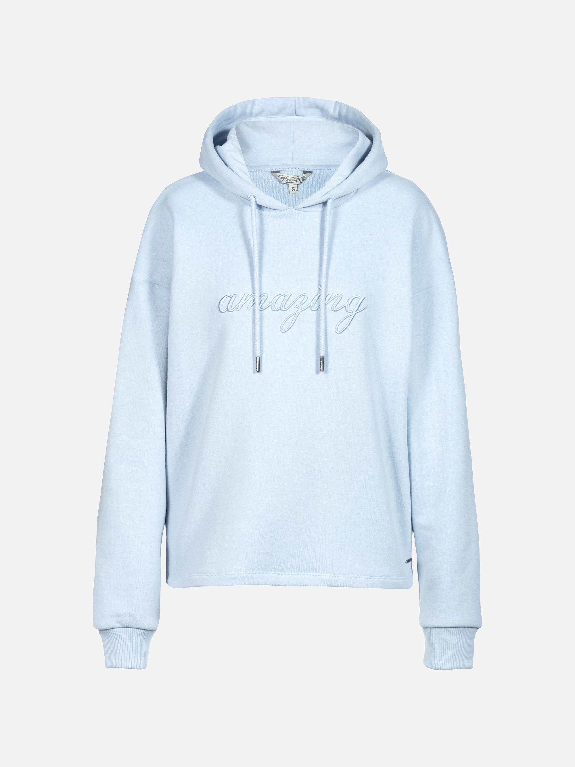 Hellblaues Kapuzensweatshirt mit Kordelzug und langen Ärmeln. Das Wort "amazing" ist in Schreibschrift auf der Brust aufgestickt. Der Kapuzenpullover ist auf einem schlichten weißen Hintergrund abgebildet.