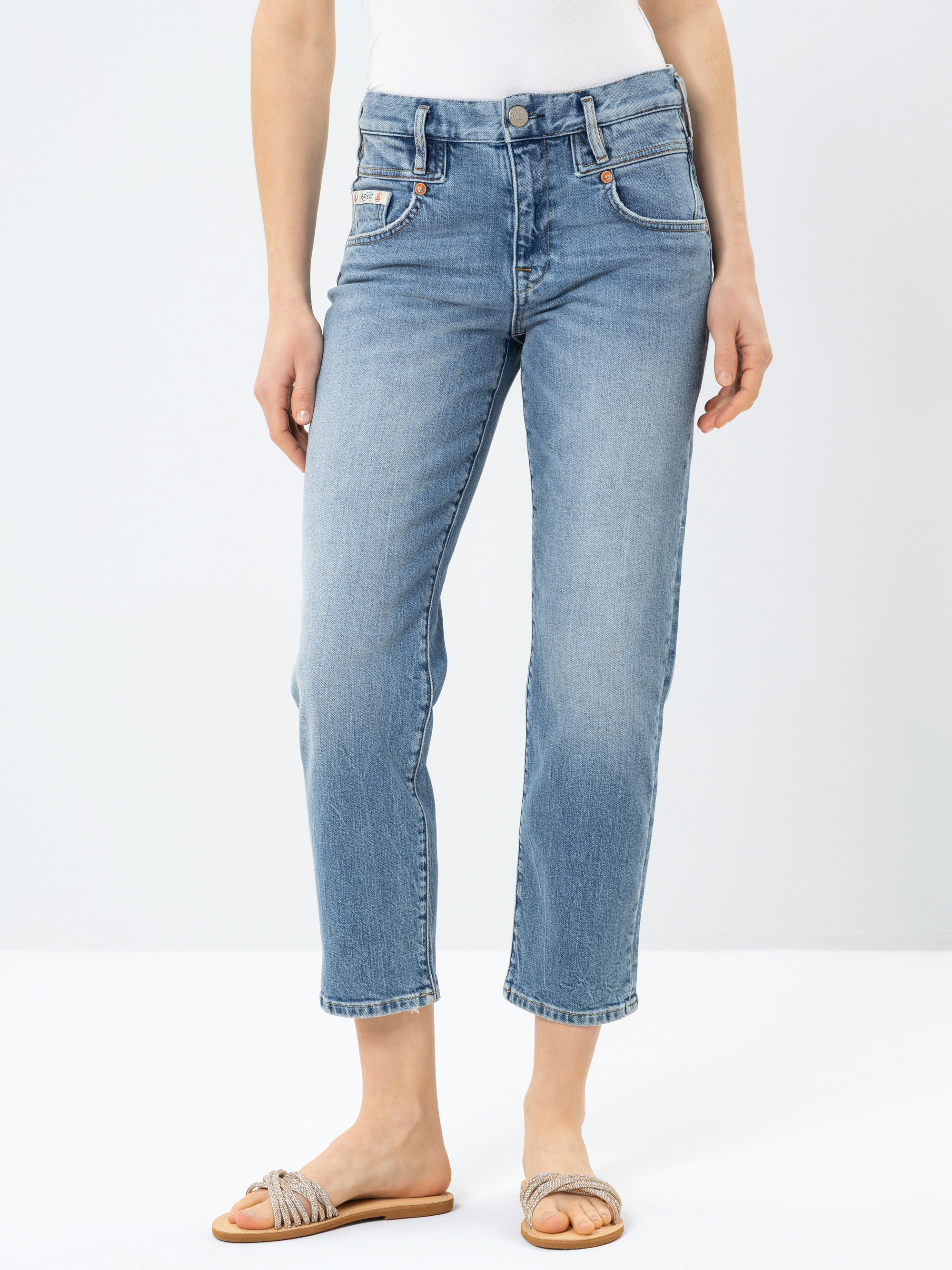 Eine Person, die hellblaue Jeans mit hoher Taille und geradem Bein, ein weißes Oberteil und beigefarbene geflochtene Sandalen trägt, steht vor einem schlichten hellen Hintergrund.