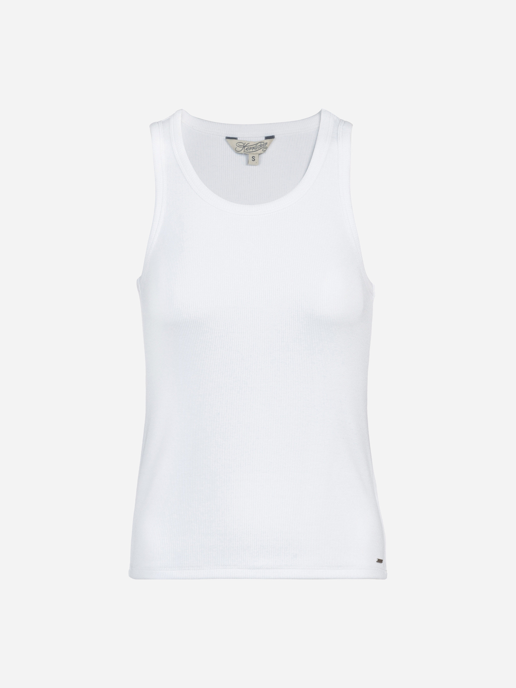 Ein schlichtes weißes, ärmelloses, geripptes Tank-Top wird von vorne ohne sichtbare Logos oder Muster auf einem hellgrauen Hintergrund gezeigt.