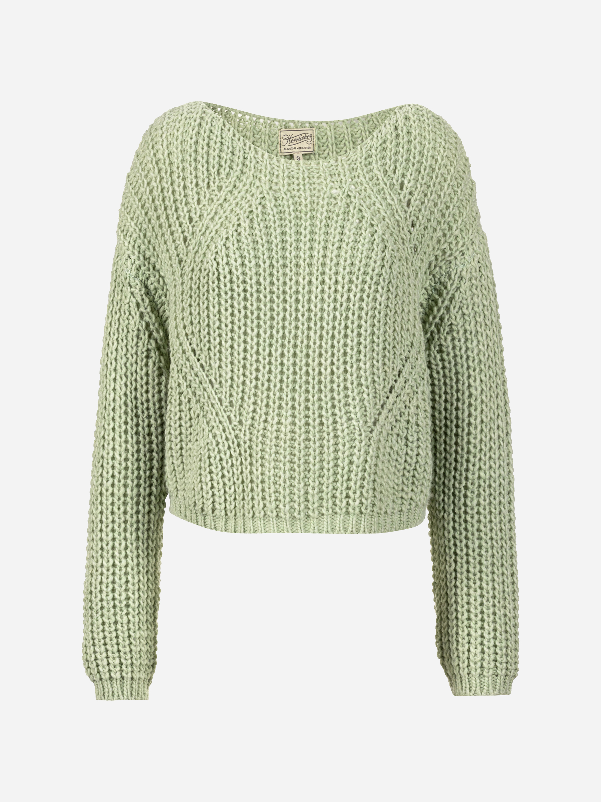 Hellgrüner Strickpullover mit grober Rippstruktur, langen Ärmeln und taillierter Passform. Der Ausschnitt ist abgerundet und der Pullover wirkt weich und kuschelig, auf einem schlichten weißen Hintergrund.