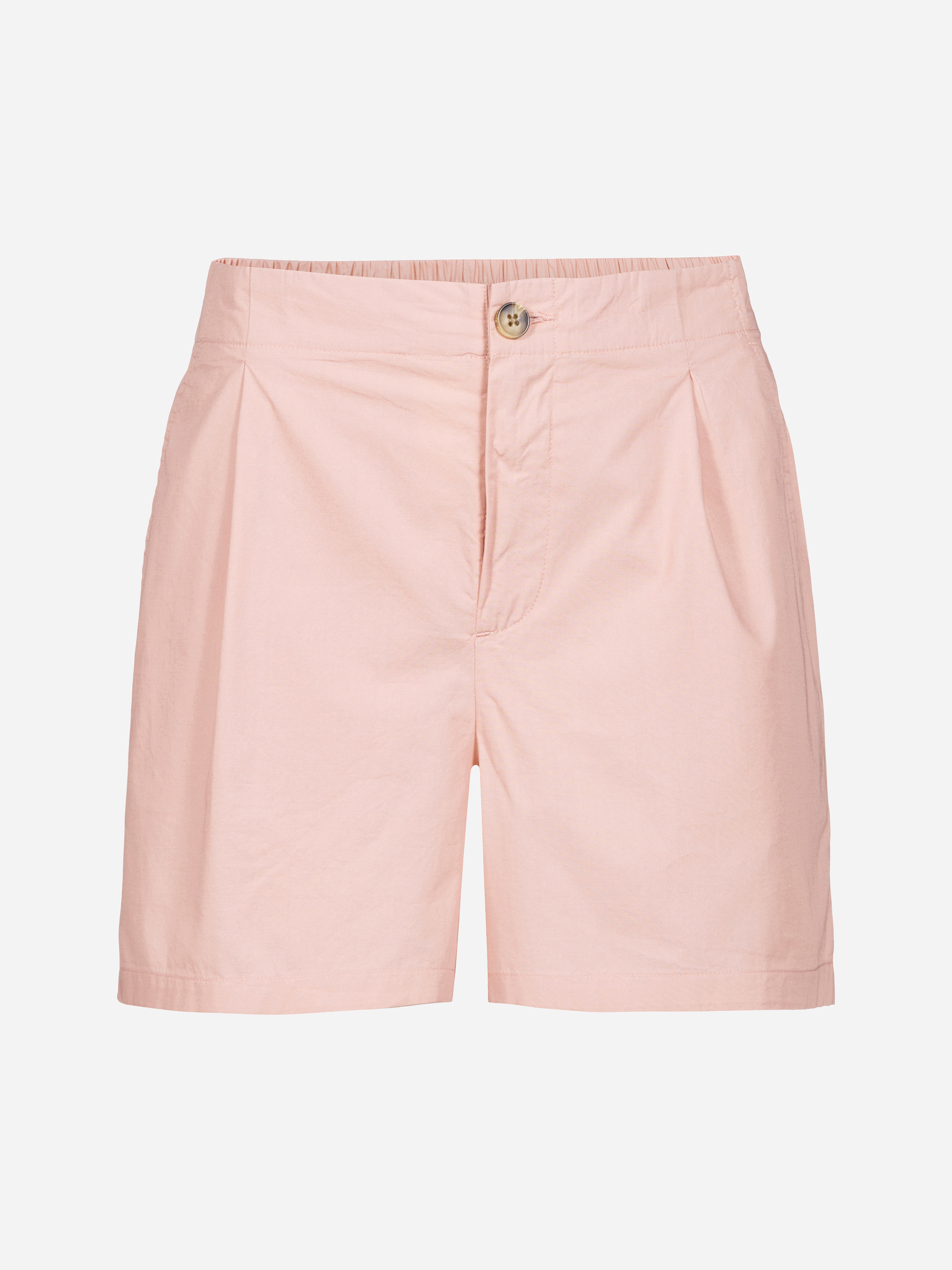 Hellrosa Shorts mit hoher Taille, Falten auf der Vorderseite, Seitentaschen und einem Verschluss mit Knopf und Reißverschluss. Die Shorts haben ein einfaches, maßgeschneidertes Design und sind vor einem weißen Hintergrund zu sehen.