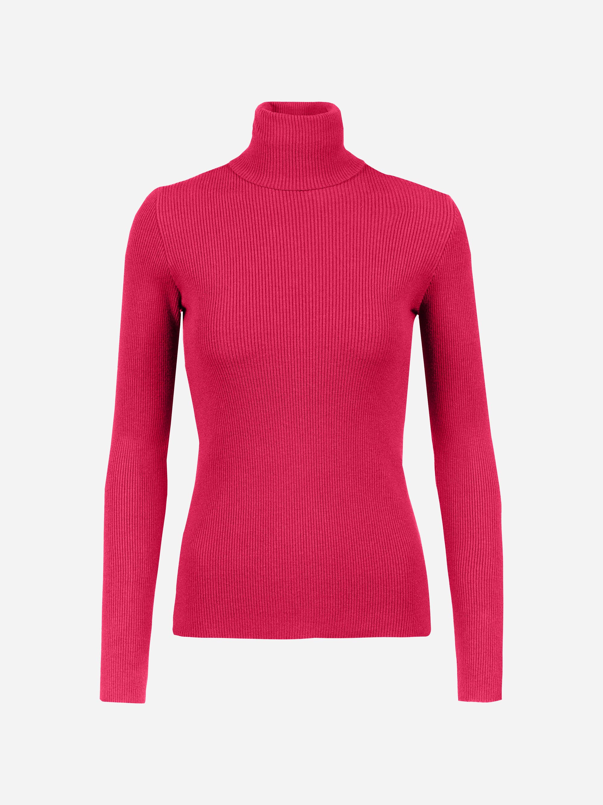 Ein hellrosa, langärmeliger, gerippter Rollkragenpullover ist auf einem einfarbig weißen Hintergrund abgebildet.