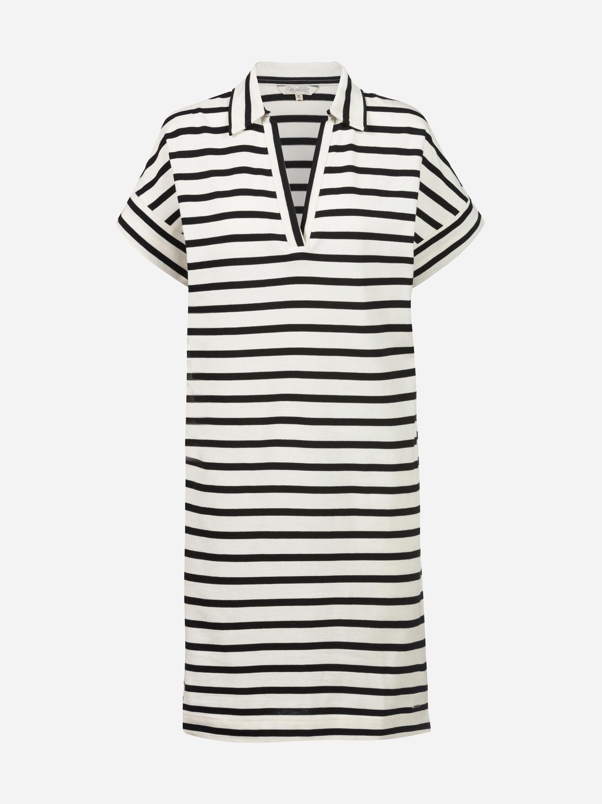 Kurzärmeliges, knielanges Kleid mit schwarzen und weißen Querstreifen, V-Ausschnitt mit kleinem Kragen und lockerer Passform.