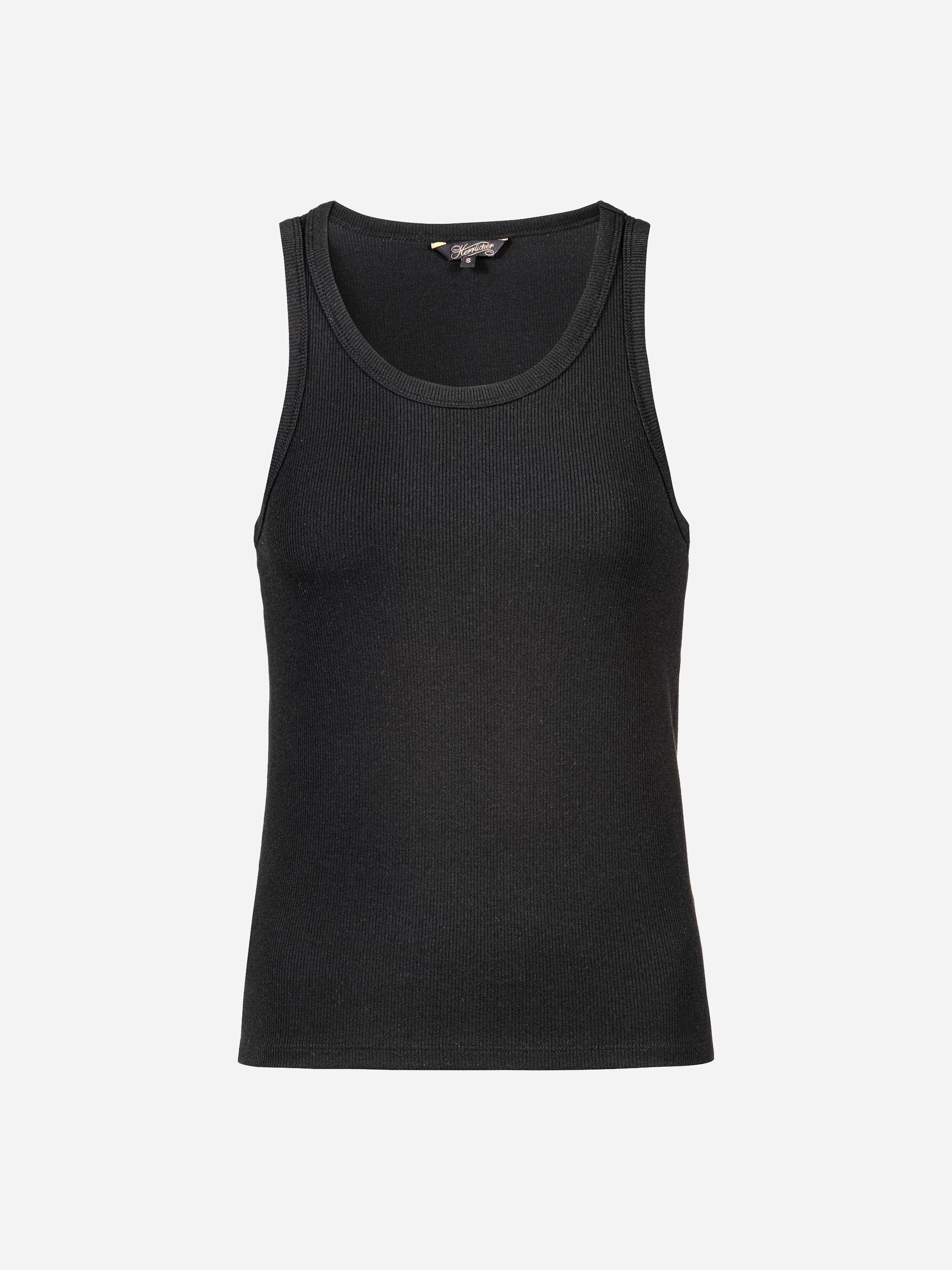 Ein schlichtes, schwarzes, geripptes Tank-Top mit Rundhalsausschnitt auf weißem Hintergrund.