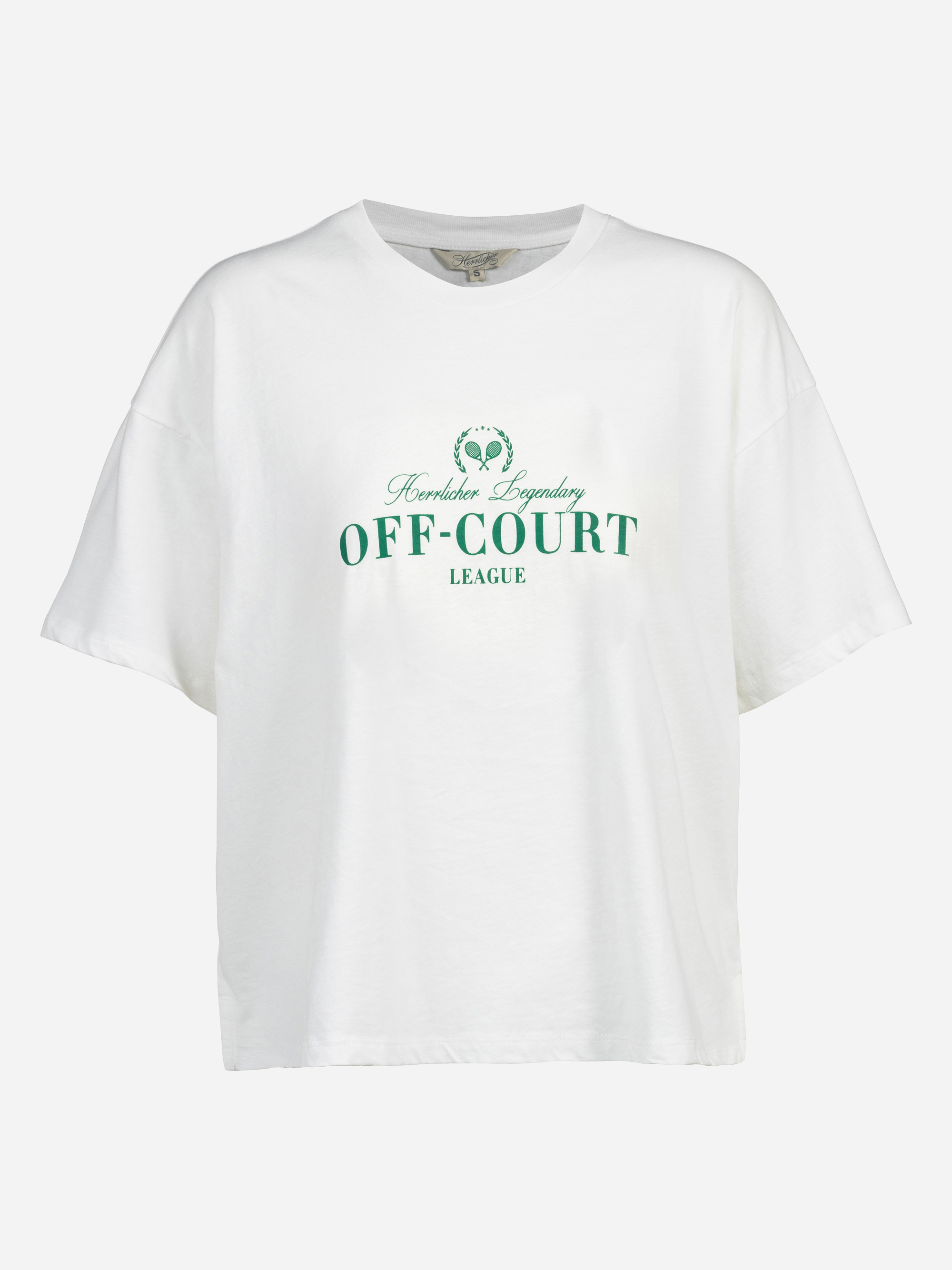 Ein weißes Kurzarm-T-Shirt mit grüner Aufschrift Honchkek Legendary OFF-COURT LEAGUE und einer kleinen Lorbeerkranz-Grafik über dem Text.