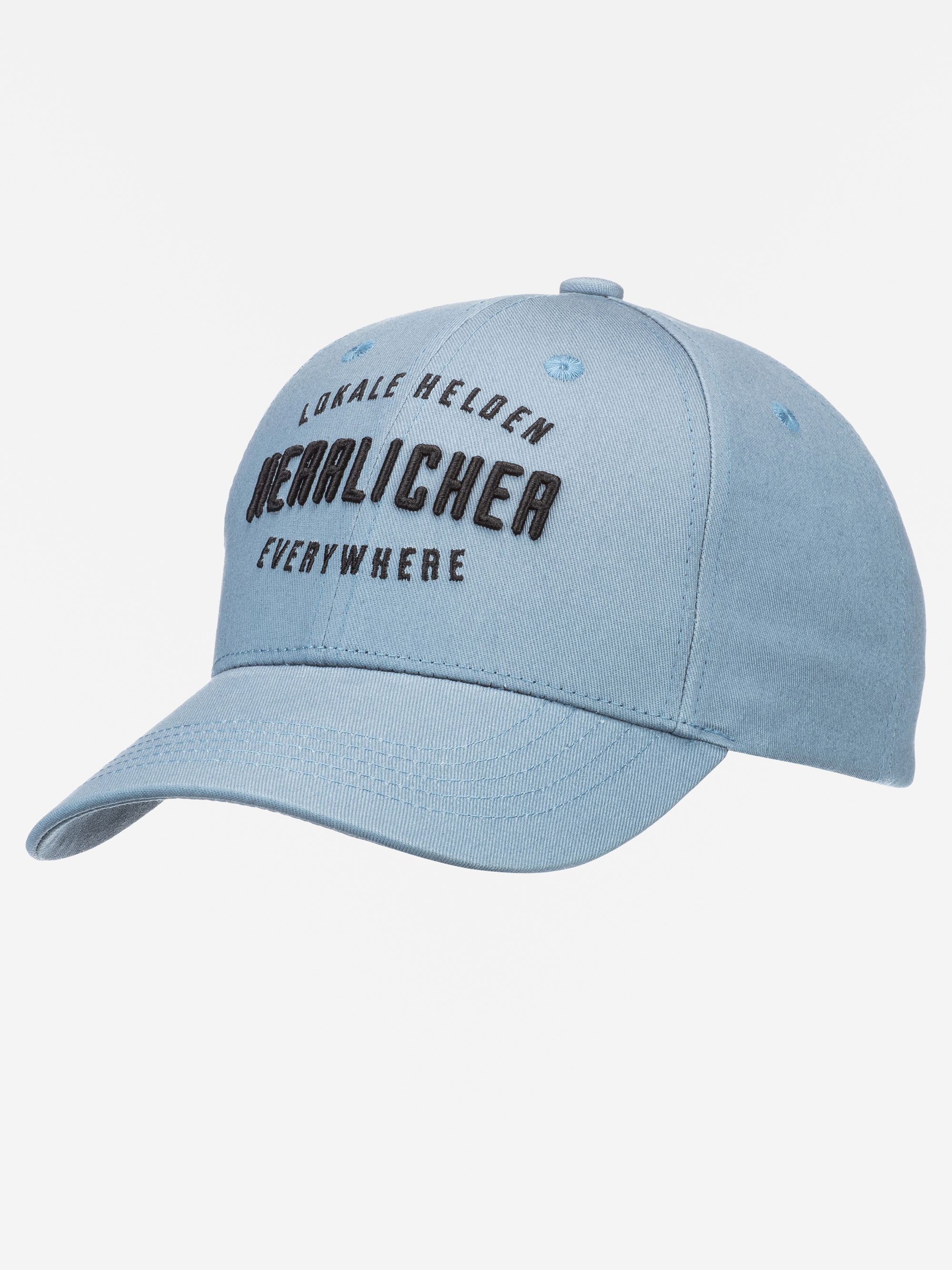 Hellblaue Baseballkappe mit schwarzer Stickerei mit der Aufschrift LOKALE HELDEN NEULICHER EVERYWHERE auf der Vorderseite, abgebildet auf einem schlichten weißen Hintergrund.