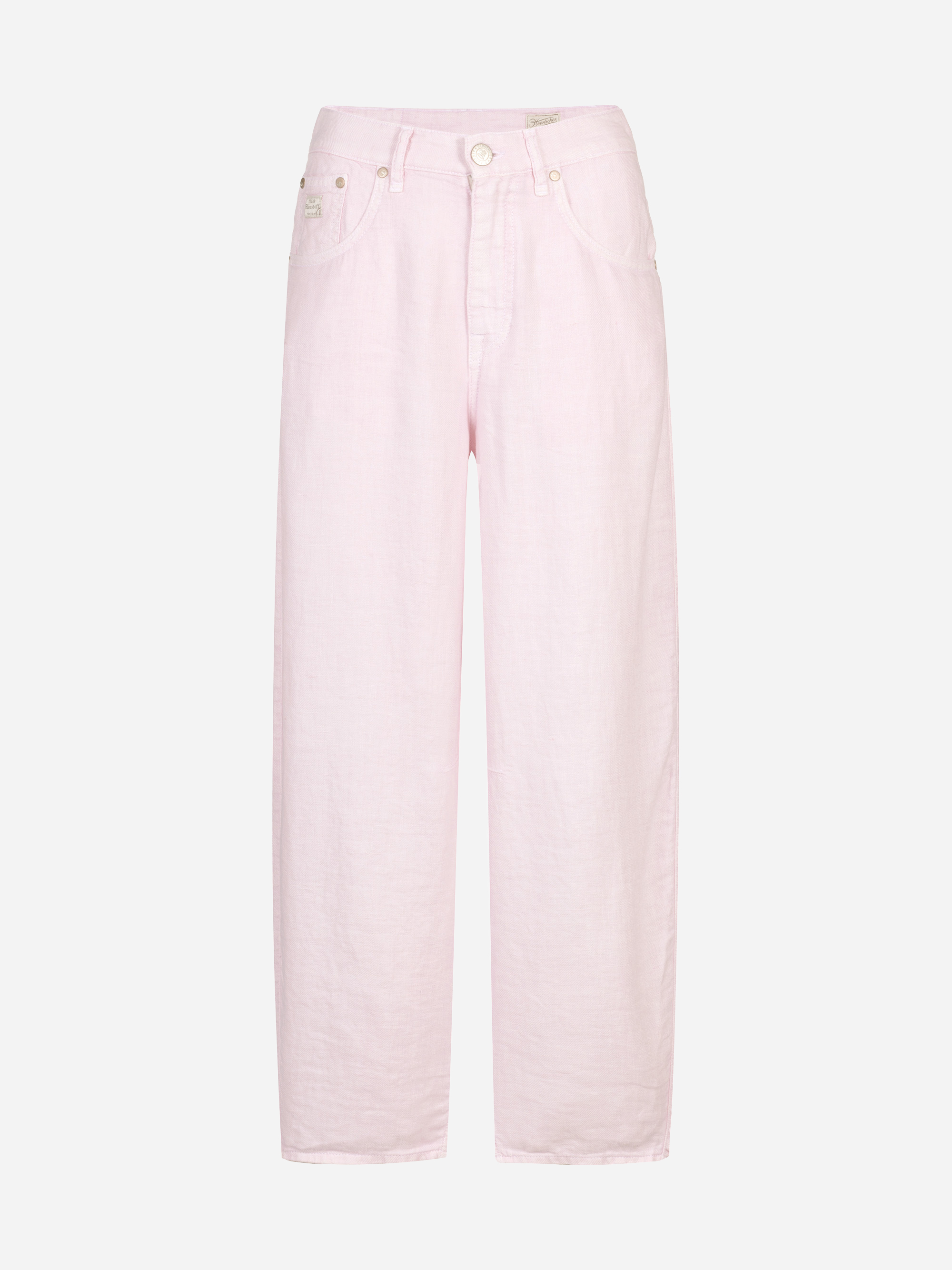 Hellrosa Hose mit hoher Taille und weitem Bein, mit Taschen vorne und hinten, Knopf- und Reißverschluss, auf weißem Hintergrund.