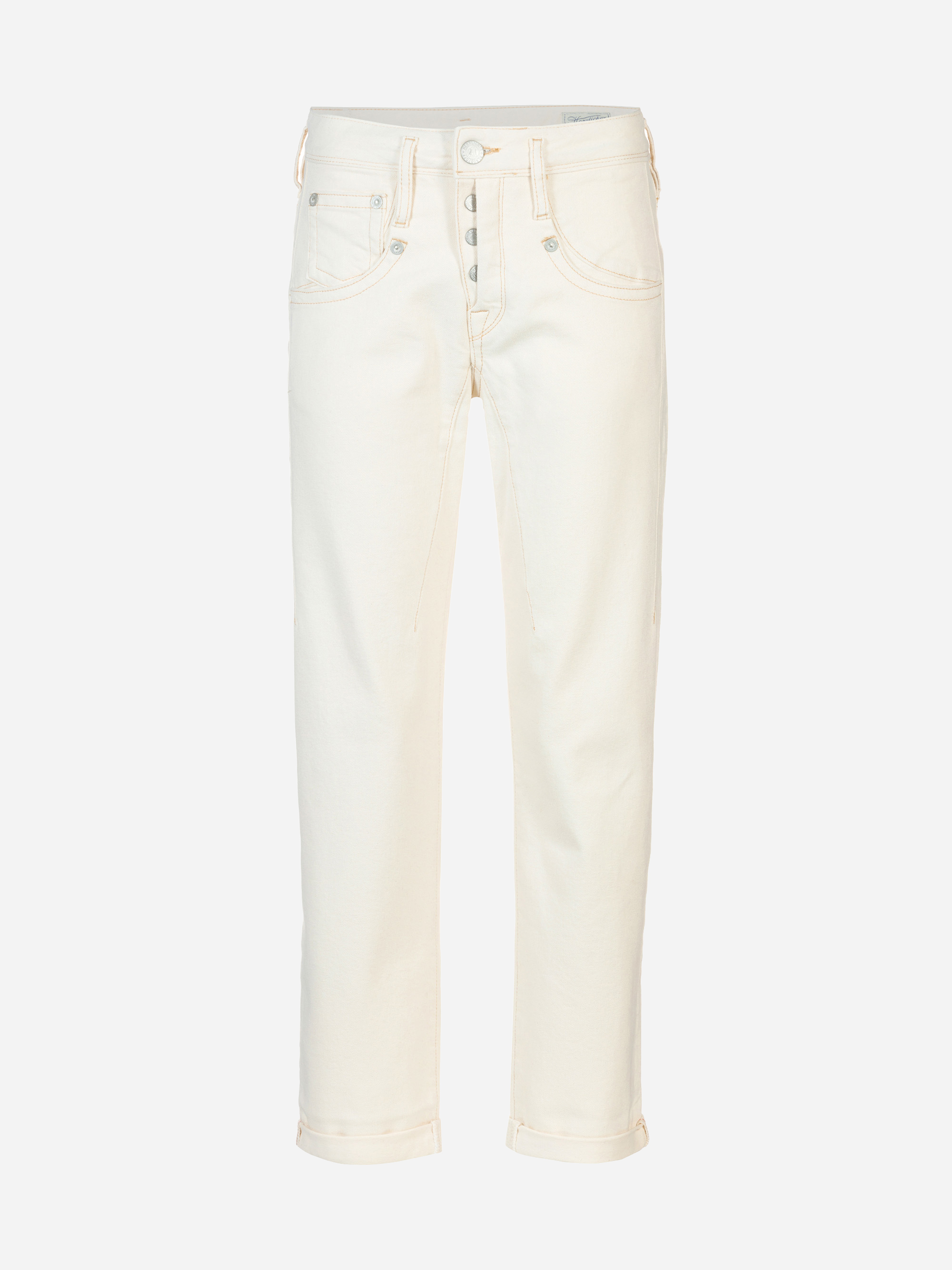 Ein Paar cremefarbene Jeans mit hoher Taille, Knopfverschluss, fünf Taschen und aufgerollten Bündchen auf weißem Hintergrund.