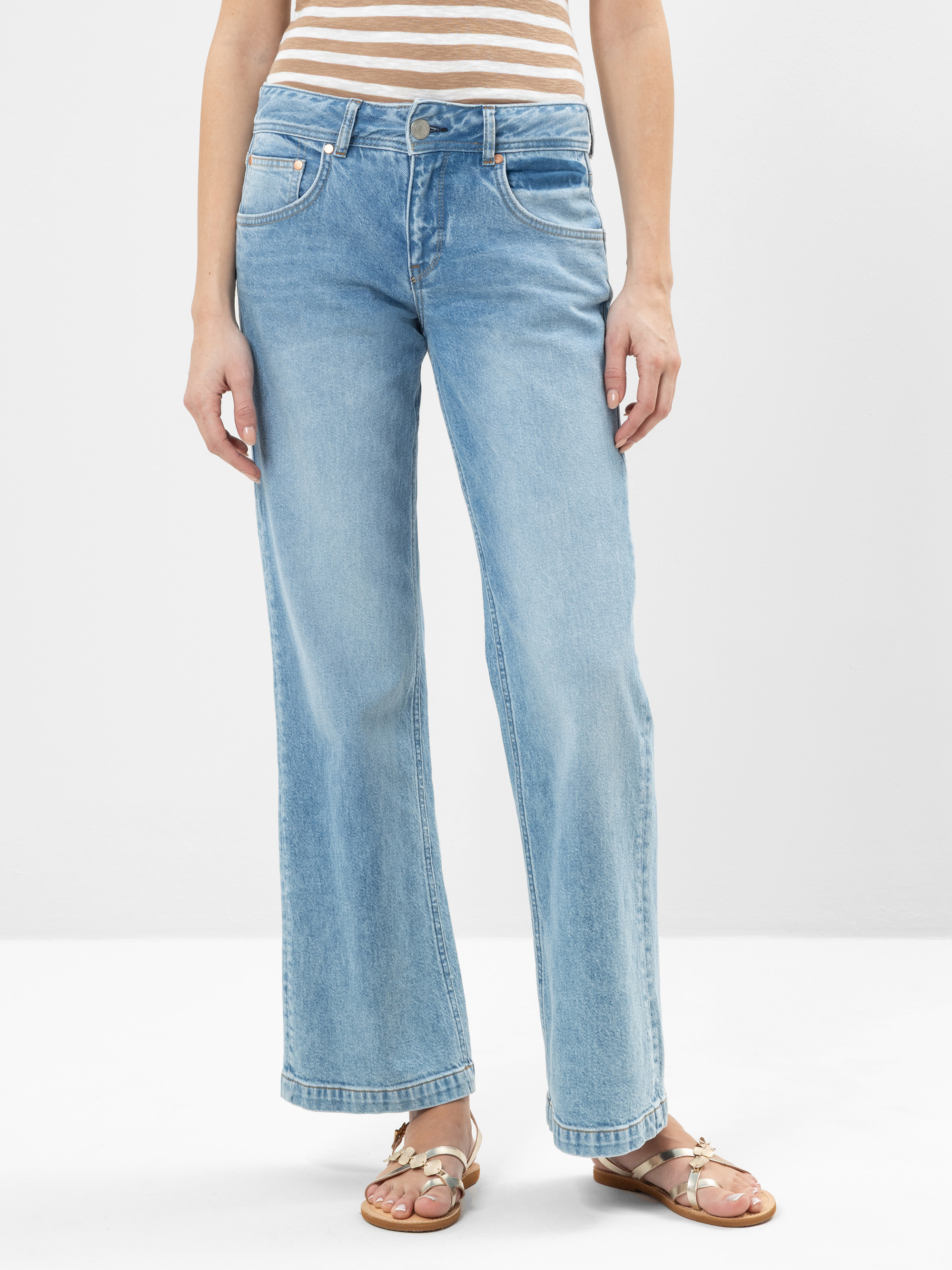 Eine Person, die hellblaue Jeans mit hoher Taille und geradem Bein, ein beige-weiß gestreiftes Oberteil und braune Sandalen trägt, steht vor einem schlichten weißen Hintergrund.