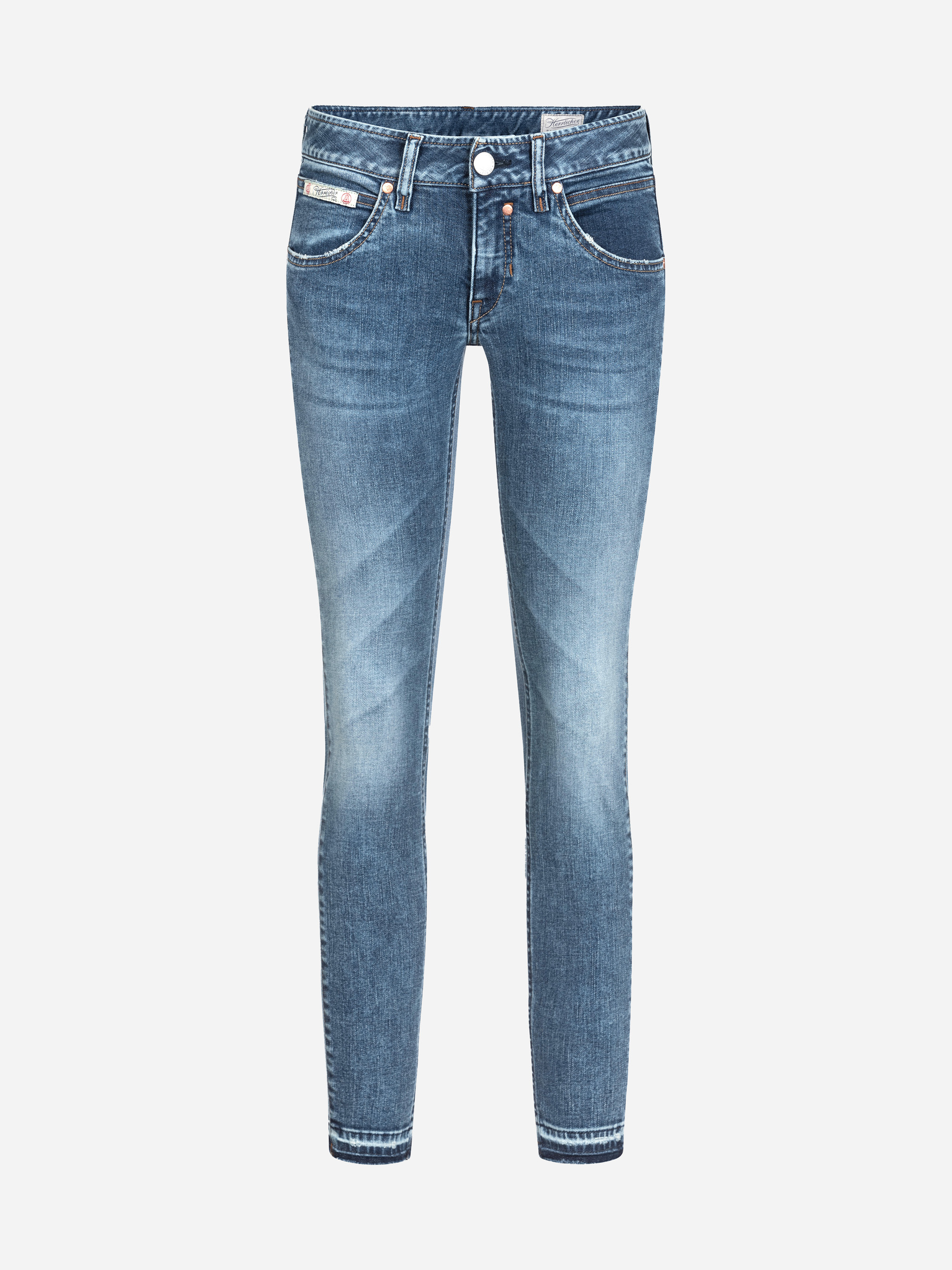 Blaue Skinny-Jeans mit Knopf- und Reißverschluss, Taschen auf der Vorder- und Rückseite und dezenten verblichenen Details an den Oberschenkeln und Knien.