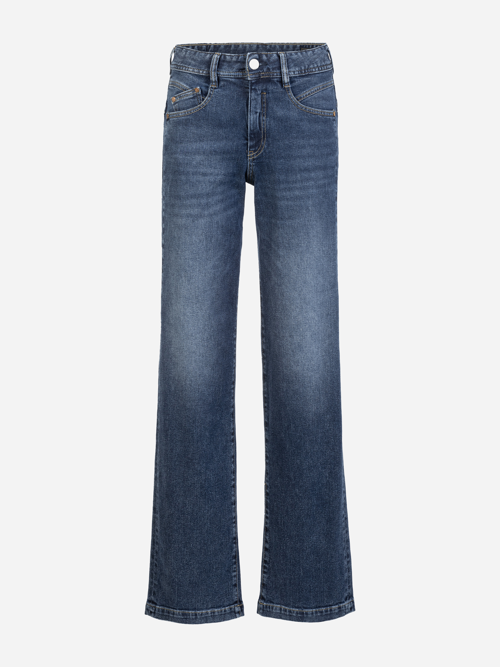 Ein Paar blaue Denim-Jeans mit leicht verblichenen Oberschenkeln, klassischem Five-Pocket-Design und geradem Beinschnitt auf einfarbig weißem Hintergrund.