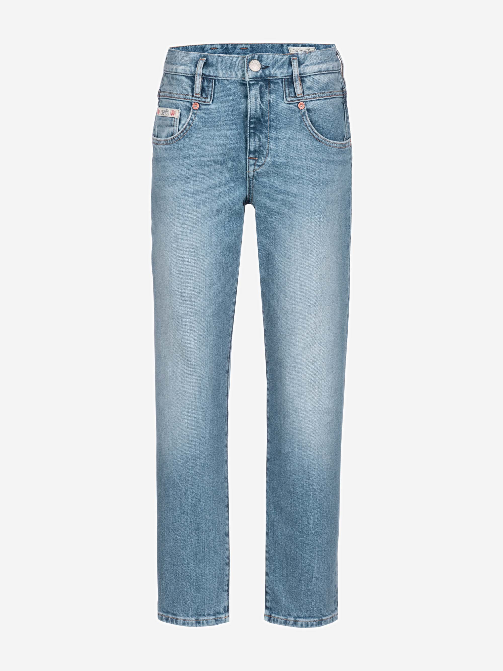 Hellblaue Denim-Jeans mit geradem Bein, klassischem Five-Pocket-Design, Knopf- und Reißverschluss und leichter Verblassung auf der Vorderseite.