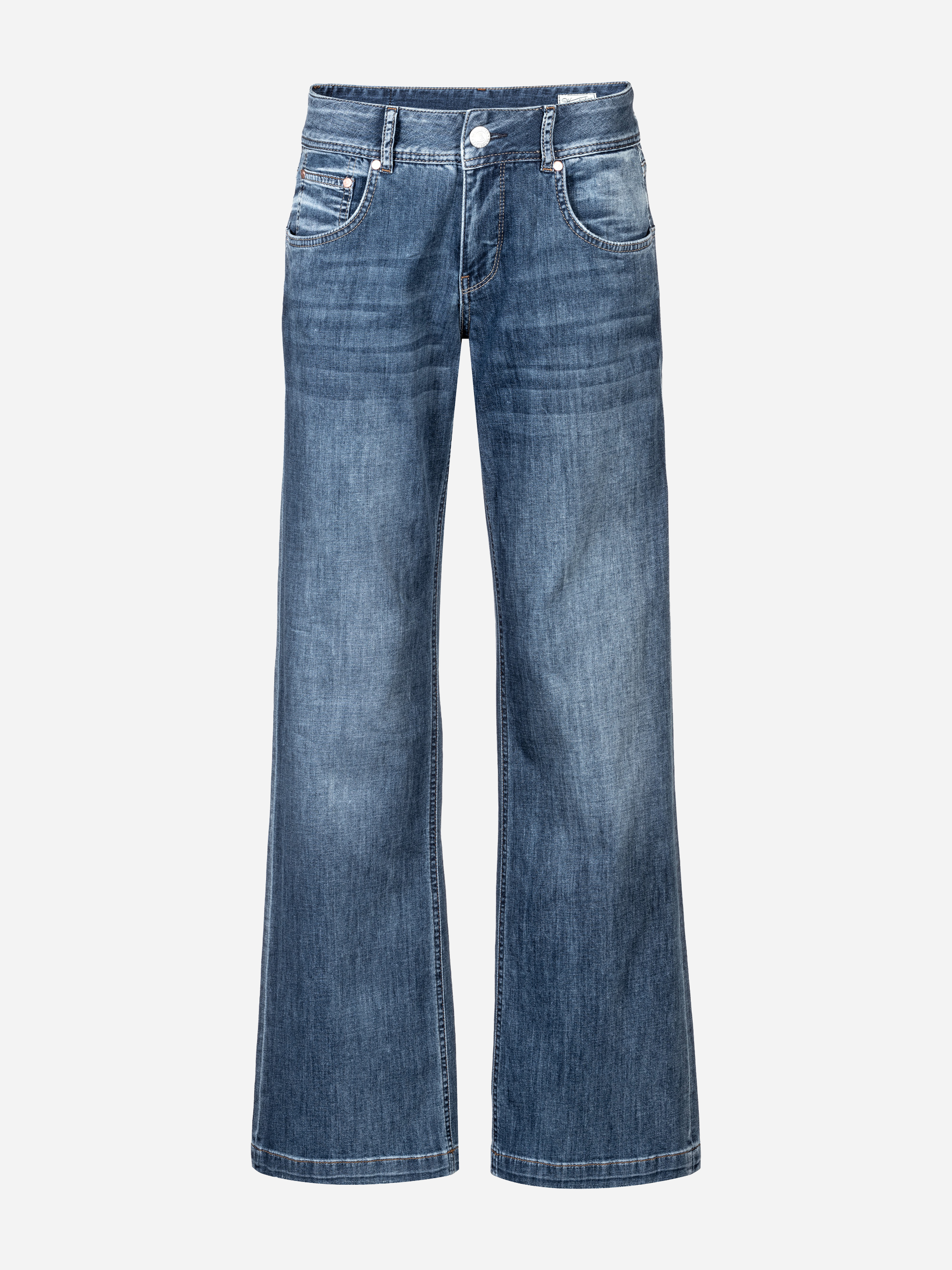 Ein Paar blaue Denim-Jeans mit geradem, weitem Bein, Vorder- und Gesäßtaschen, Gürtelschlaufen und einem Knopf- und Reißverschluss, dargestellt auf einem schlichten weißen Hintergrund.