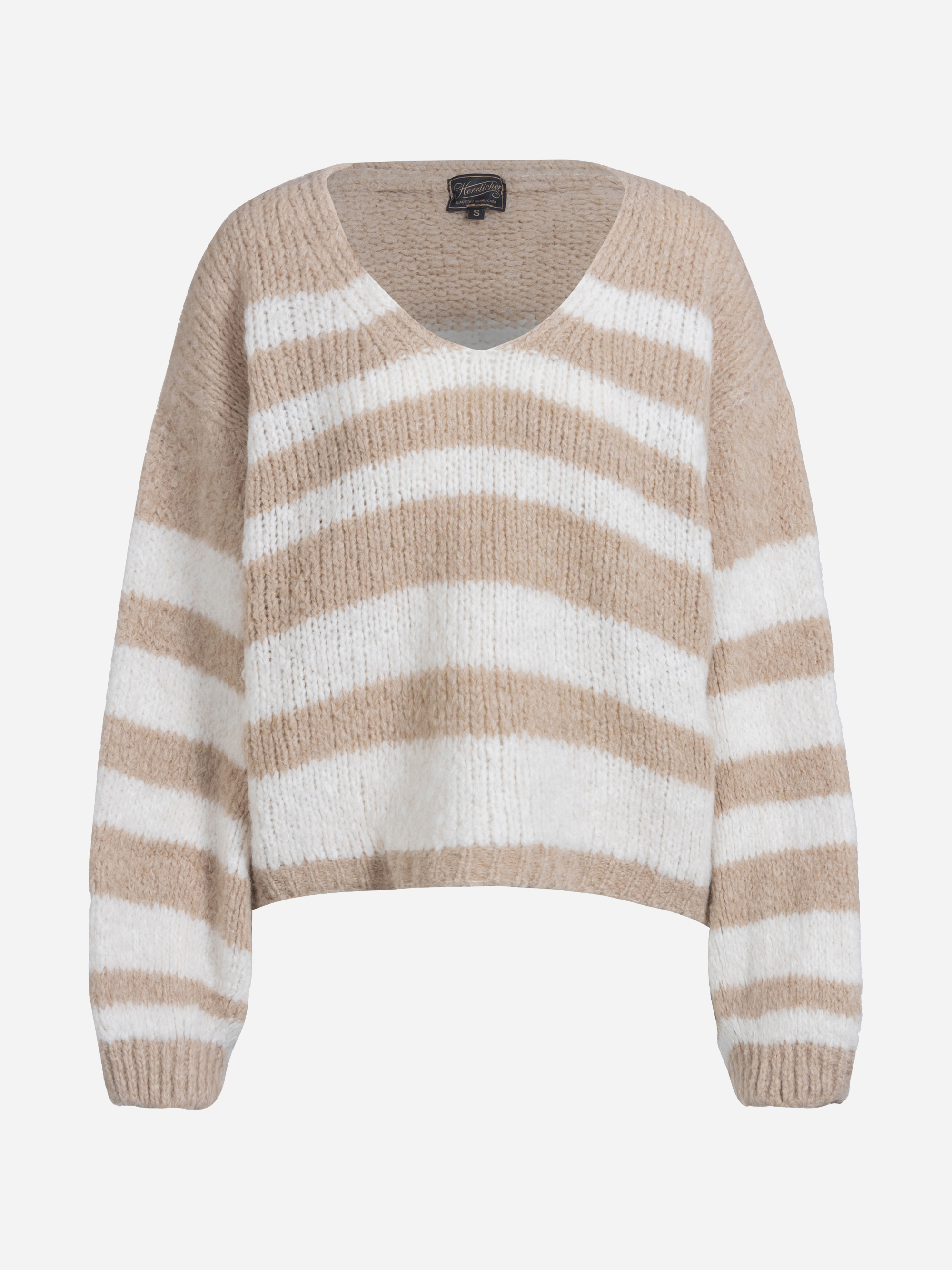 Ein kuscheliger, langärmeliger Strickpullover mit breiten, horizontalen beige-weißen Streifen, mit Rundhalsausschnitt und lockerer, leicht taillierter Passform.