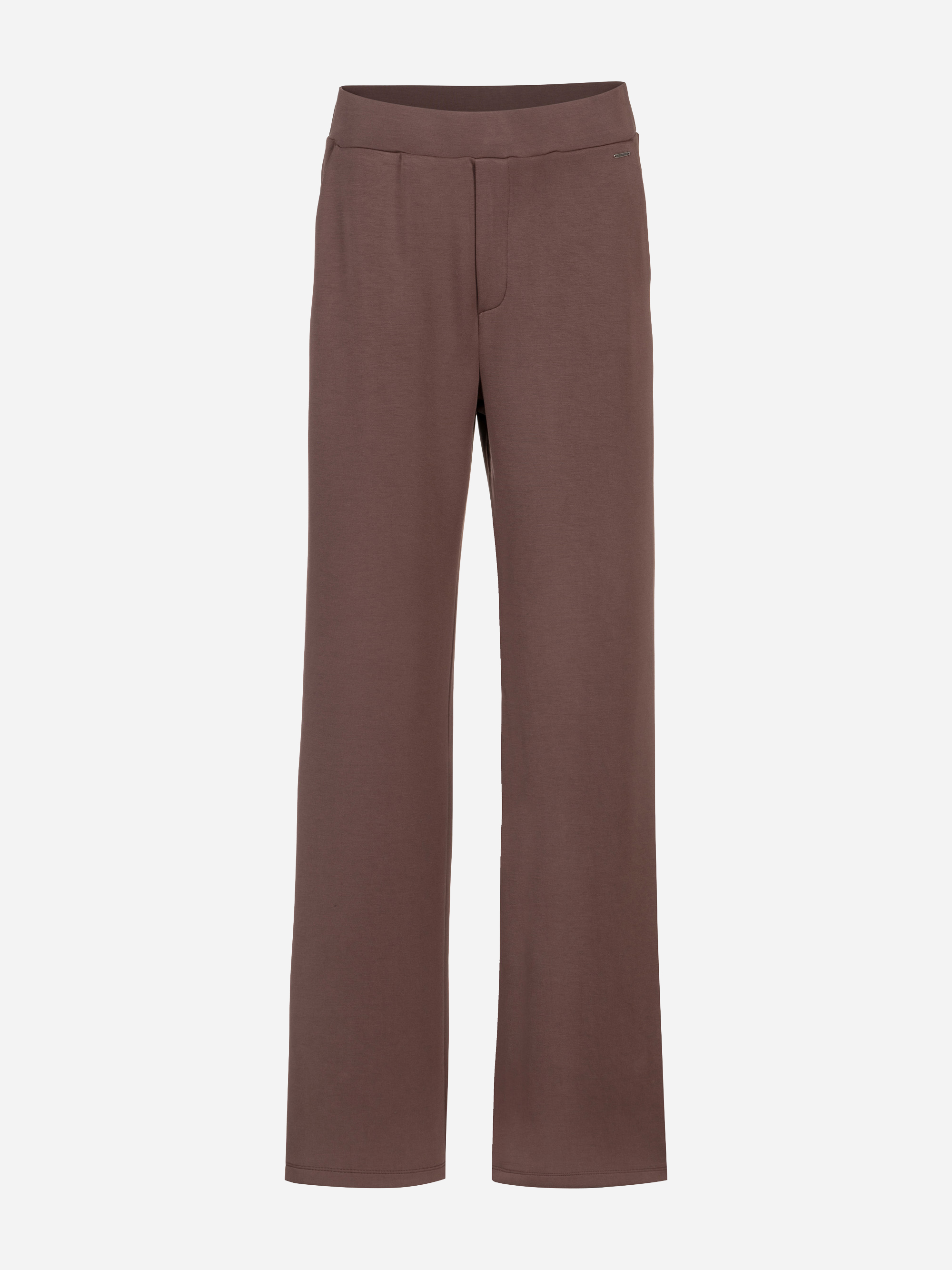 Braune Hose mit geradem Bein und leichtem Glanz, mit flachem Bund vorne und ohne sichtbare Knöpfe oder Reißverschlüsse, vor einem schlichten weißen Hintergrund.