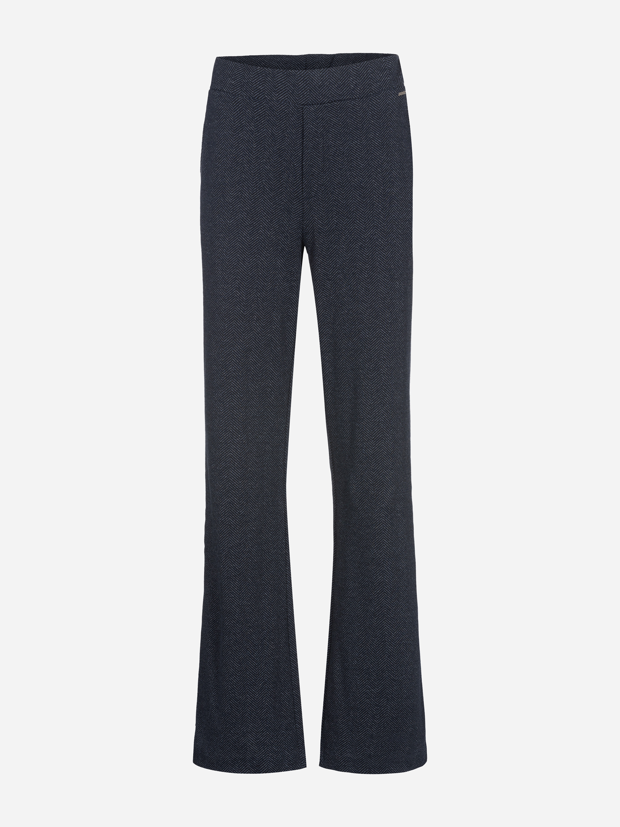 Dunkelgraue, gerade geschnittene Damenhose mit leicht ausgestelltem Bein, die auf einem schlichten weißen Hintergrund abgebildet ist. Die Hose hat ein einfaches, sauberes Design ohne sichtbare Taschen oder Verzierungen.