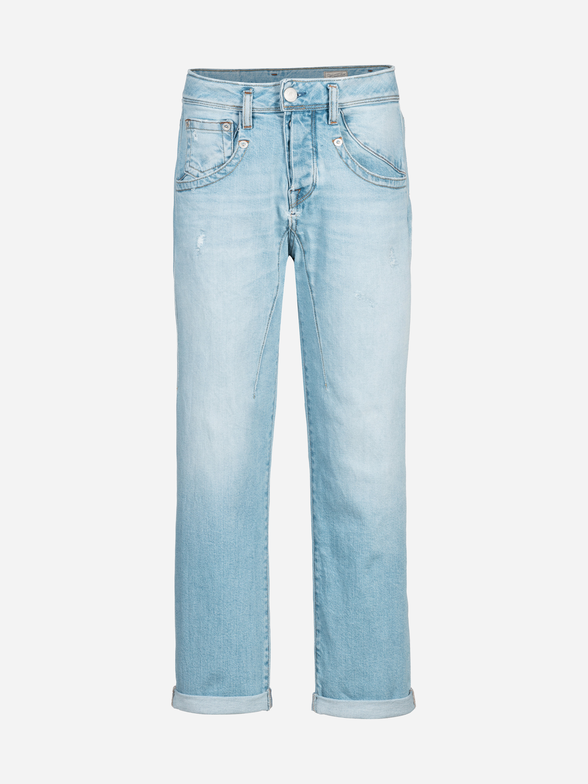 Hellblaue Denim-Jeans mit geradem Bein, dezentem Fading, Vorder- und Gesäßtaschen, Gürtelschlaufen, einem Knopfverschluss und gerollten Bündchen am Saum.