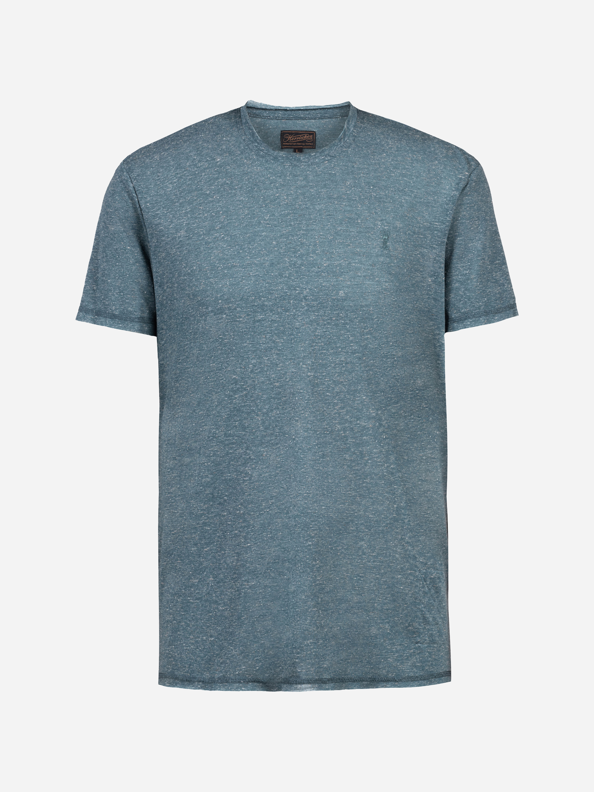 Ein unifarbenes, kurzärmeliges T-Shirt mit Rundhalsausschnitt in blauem Heidekraut ist mit der Vorderseite nach vorne auf weißem Hintergrund abgebildet.