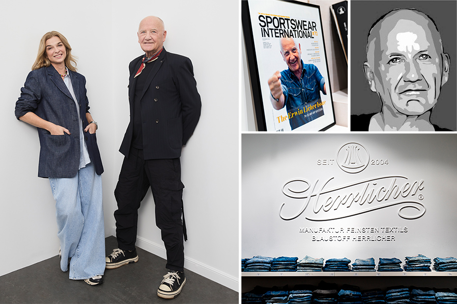 Eine Collage, die zwei posierende Personen zeigt, ein gerahmtes Zeitschriftencover mit einem lächelnden Mann, ein illustriertes Porträt in Graustufen und ein Wanddisplay mit "Herzlicher" über Regalen mit gefalteten Jeans.