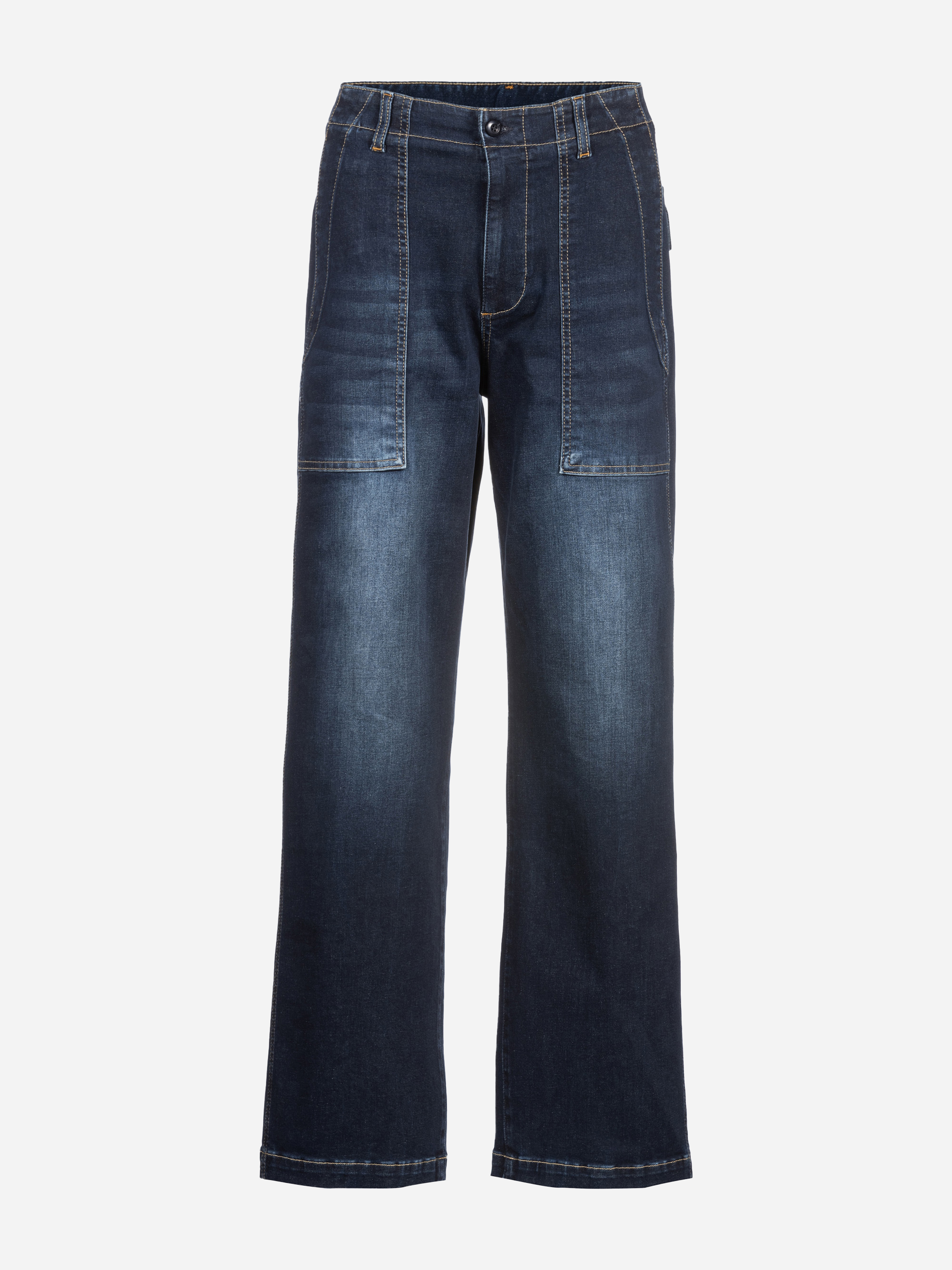 Ein Paar dunkelblaue Denim-Jeans mit geradem Bein, aufgesetzten Taschen und sichtbaren Nahtdetails auf weißem Hintergrund.