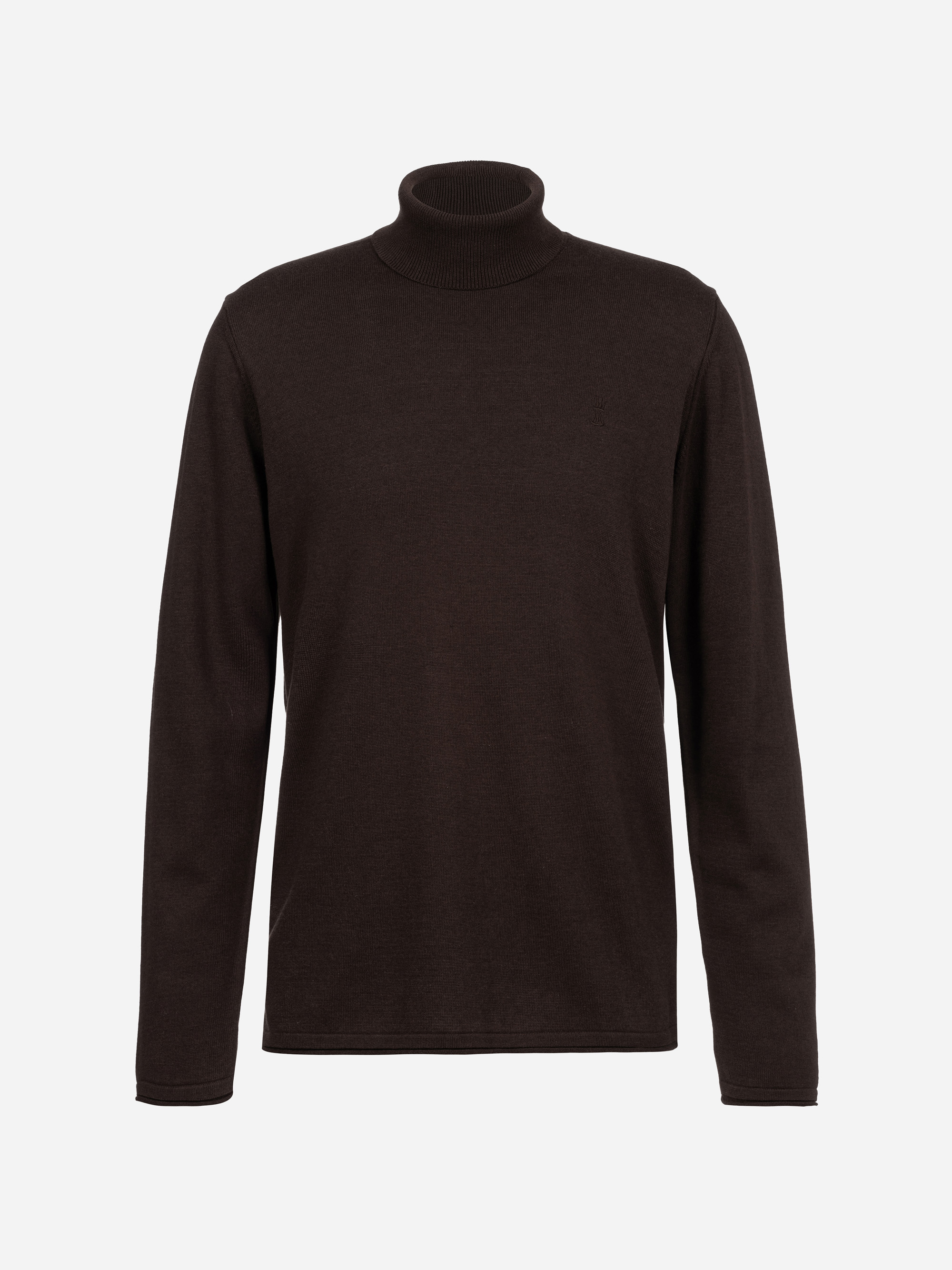 Ein einfarbiger, langärmeliger, dunkelbrauner Rollkragenpullover ist auf weißem Hintergrund abgebildet.