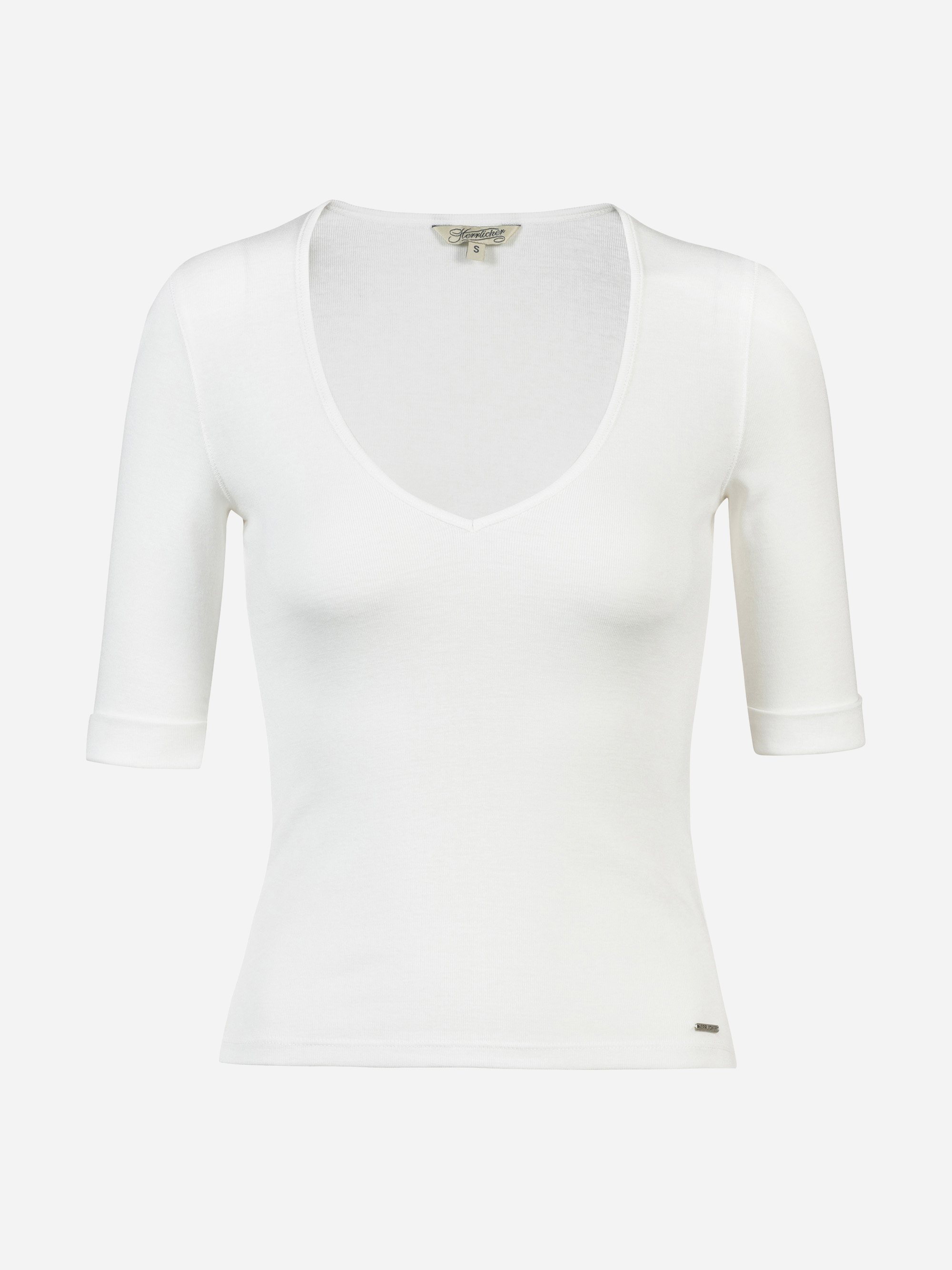 Weißes, tailliertes Damen-Kurzarm-Shirt mit tiefem V-Ausschnitt und Ärmelmanschetten auf weißem Hintergrund.