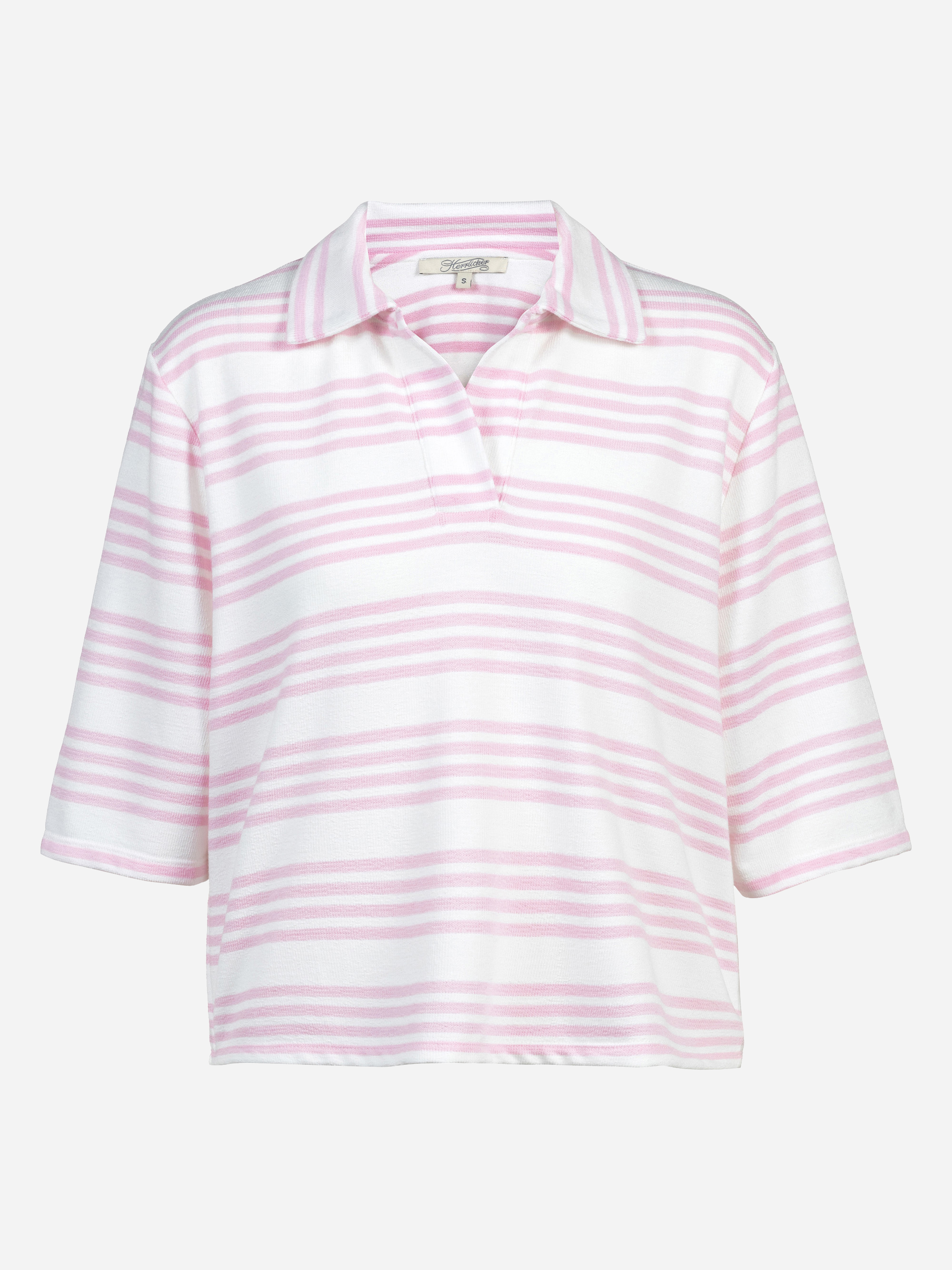 Kurzärmeliges Poloshirt mit Kragen und horizontalen hellrosa und weißen Streifen. Das Shirt hat eine lockere Passform und einen V-Ausschnitt ohne Knöpfe.