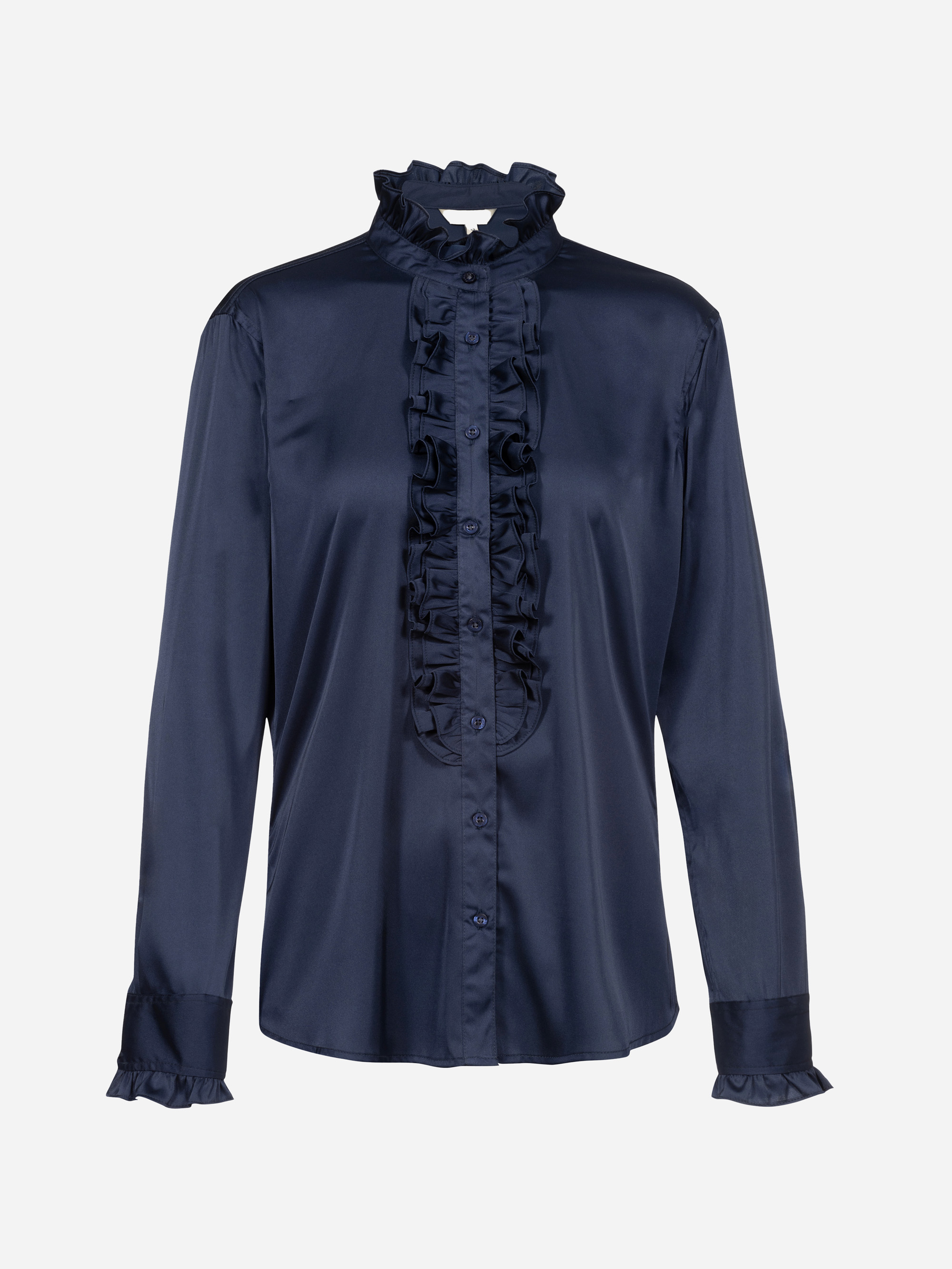 Eine marineblaue, langärmelige Satinbluse mit Rüschendetails entlang der Knopfleiste, des Kragens und der Manschetten, die auf einem schlichten weißen Hintergrund abgebildet sind.