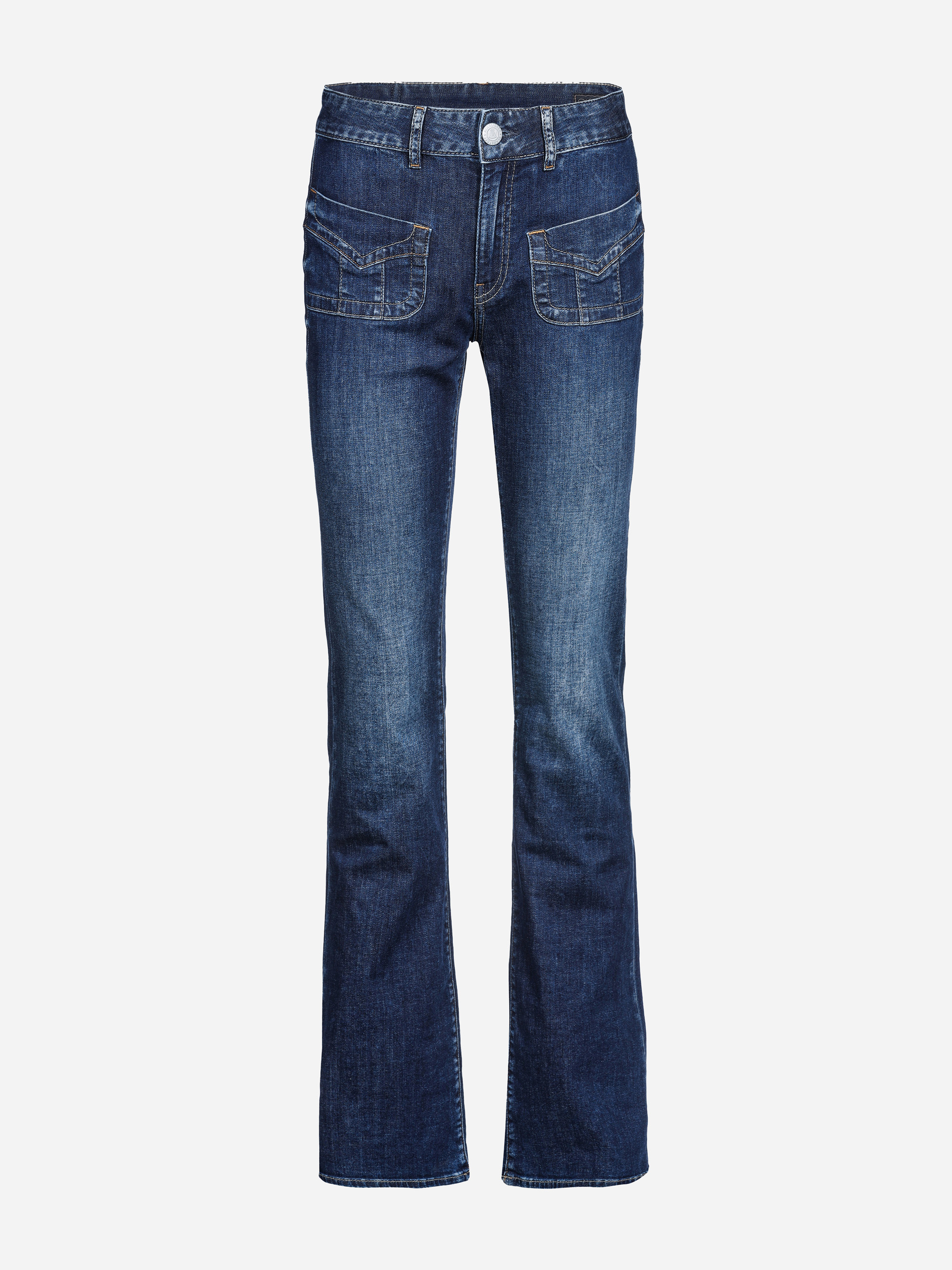 Ein Paar dunkelblaue Denim-Jeans mit aufgesetzten Vordertaschen, Knopf- und Reißverschluss, geradem Bein und sichtbaren Nähten, dargestellt auf weißem Hintergrund.