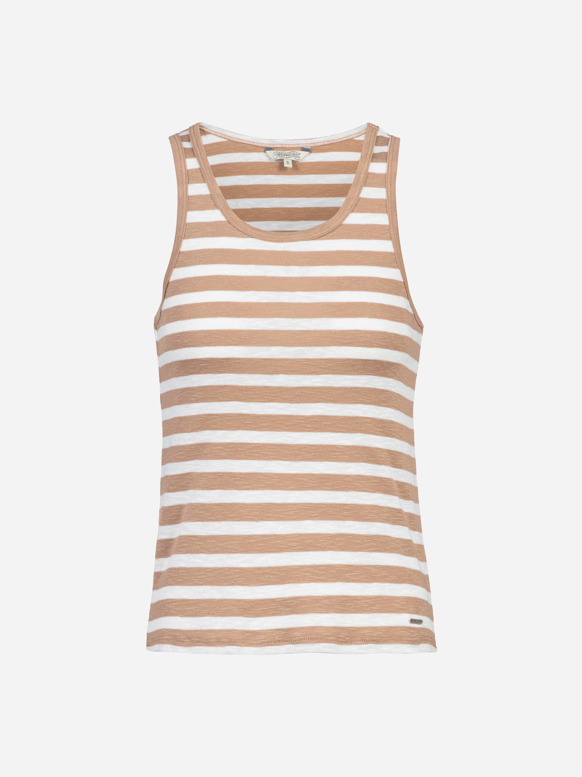 Ärmelloses Tank-Top mit horizontalen beigen und weißen Streifen und Rundhalsausschnitt auf weißem Hintergrund.