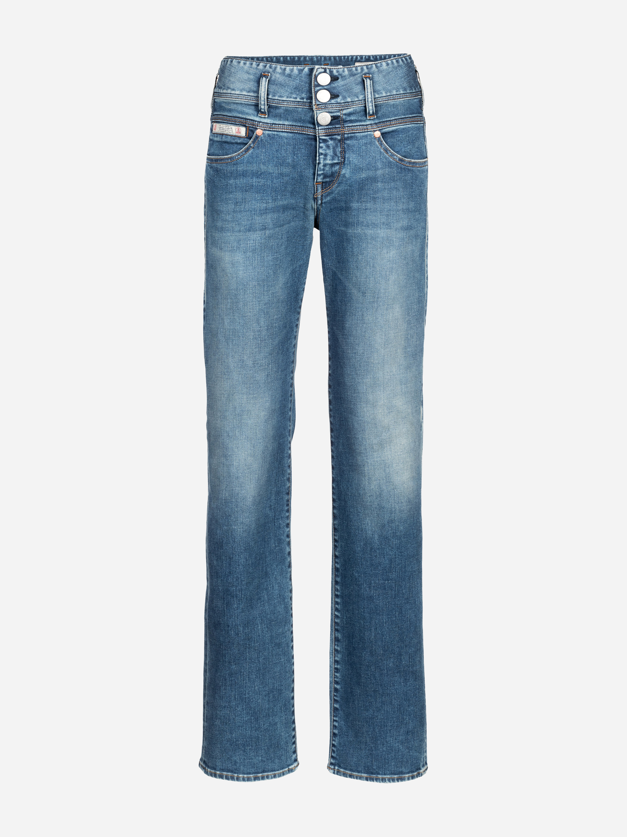 Ein Paar blaue Denim-Jeans mit hoher Taille, drei Knöpfen vorne, klassischem Five-Pocket-Stil und einem leicht verblassten Finish an den Oberschenkeln. Die Beine sind gerade und bodenlang.