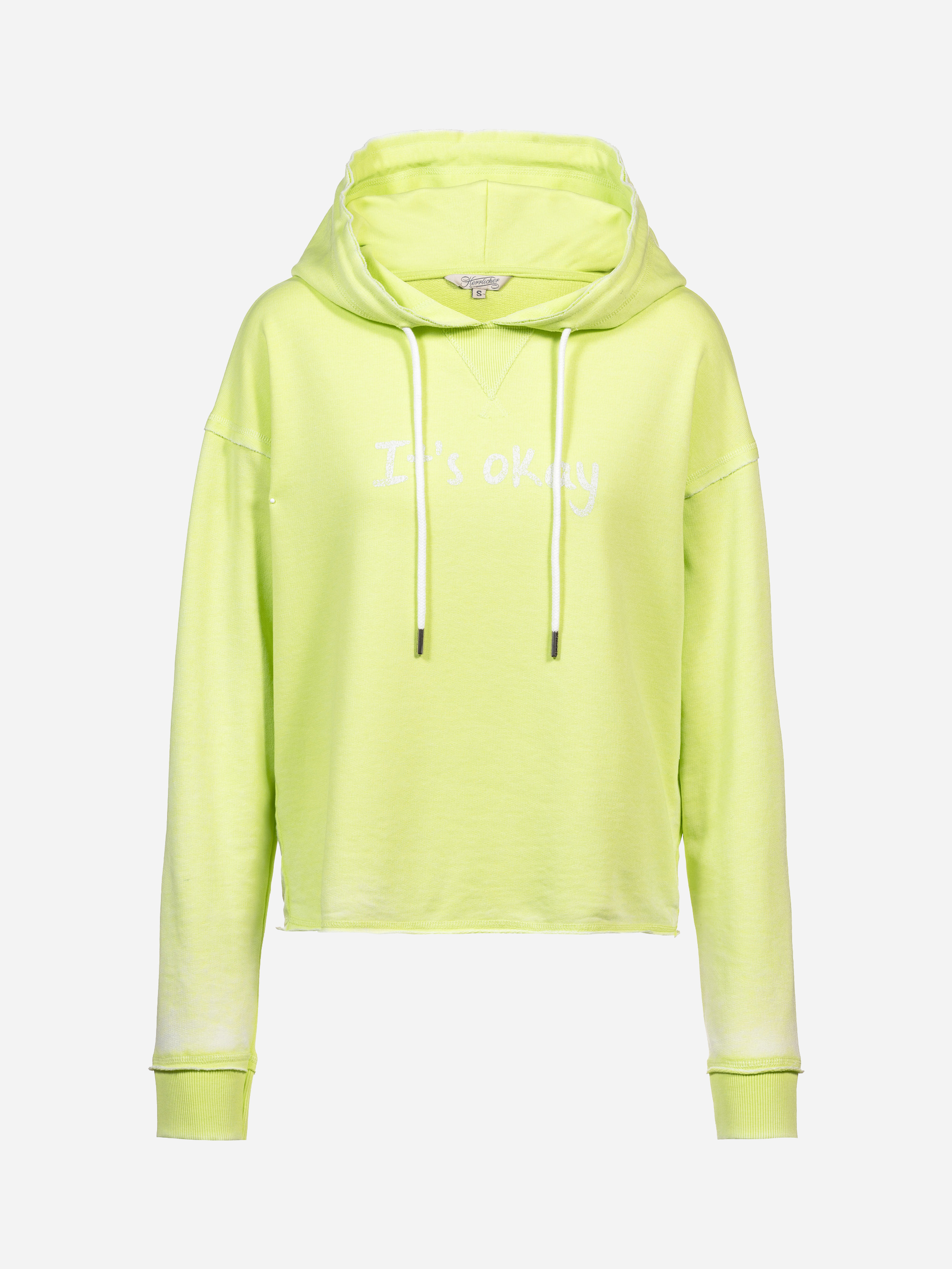 Hellgrünes Kapuzensweatshirt mit einer Vordertasche, Kordelzug und dem Schriftzug Its oKay in Weiß auf der Brust. Das Sweatshirt hat lange Ärmel und eine lockere Passform.