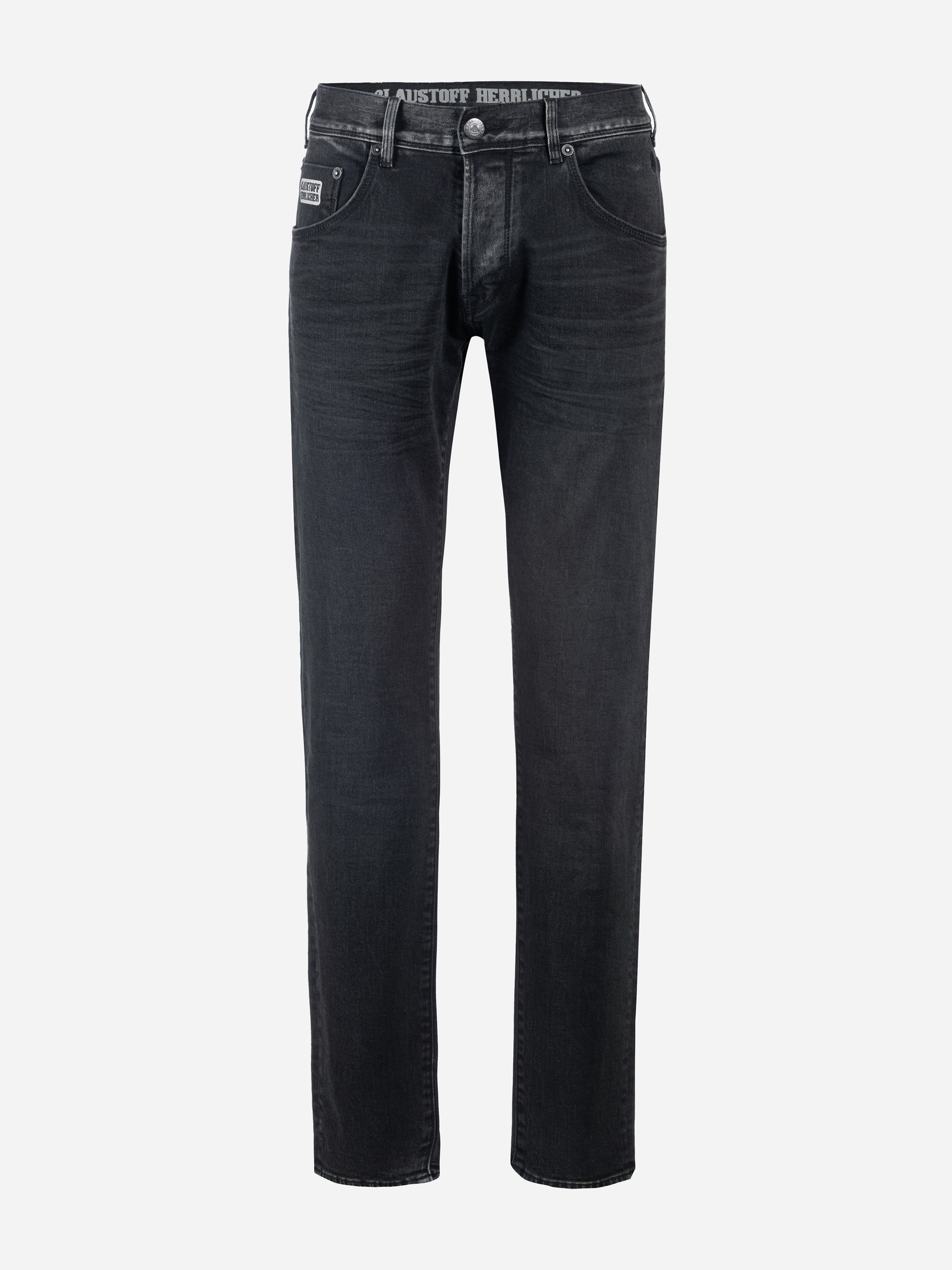 Schwarze Jeans mit geradem Bein, Vorder- und Gesäßtaschen, Gürtelschlaufen, Knopfverschluss und sichtbarem Bundetikett auf einfarbig weißem Grund.