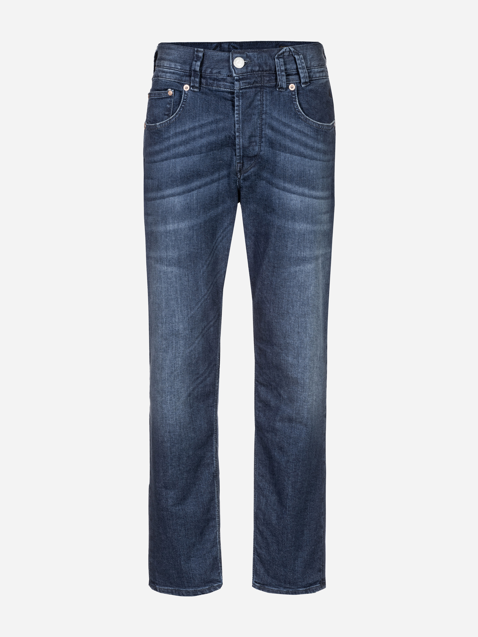 Ein Paar blaue Denim-Jeans mit geradem Bein, klassischem Five-Pocket-Design und silbernem Knopfverschluss auf einem schlichten weißen Hintergrund.