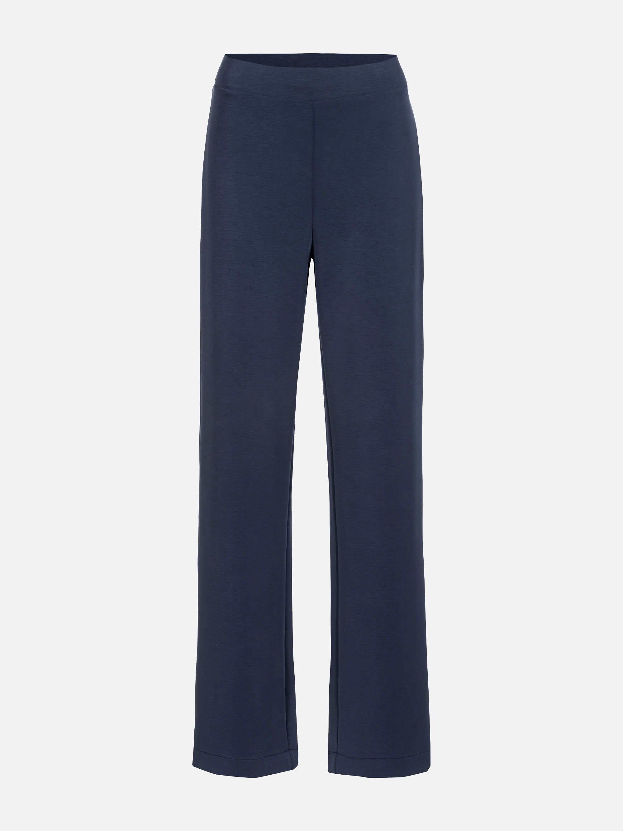 Marineblaue Hose mit geradem Bein aus weichem, dehnbarem Stoff vor einem schlichten weißen Hintergrund.