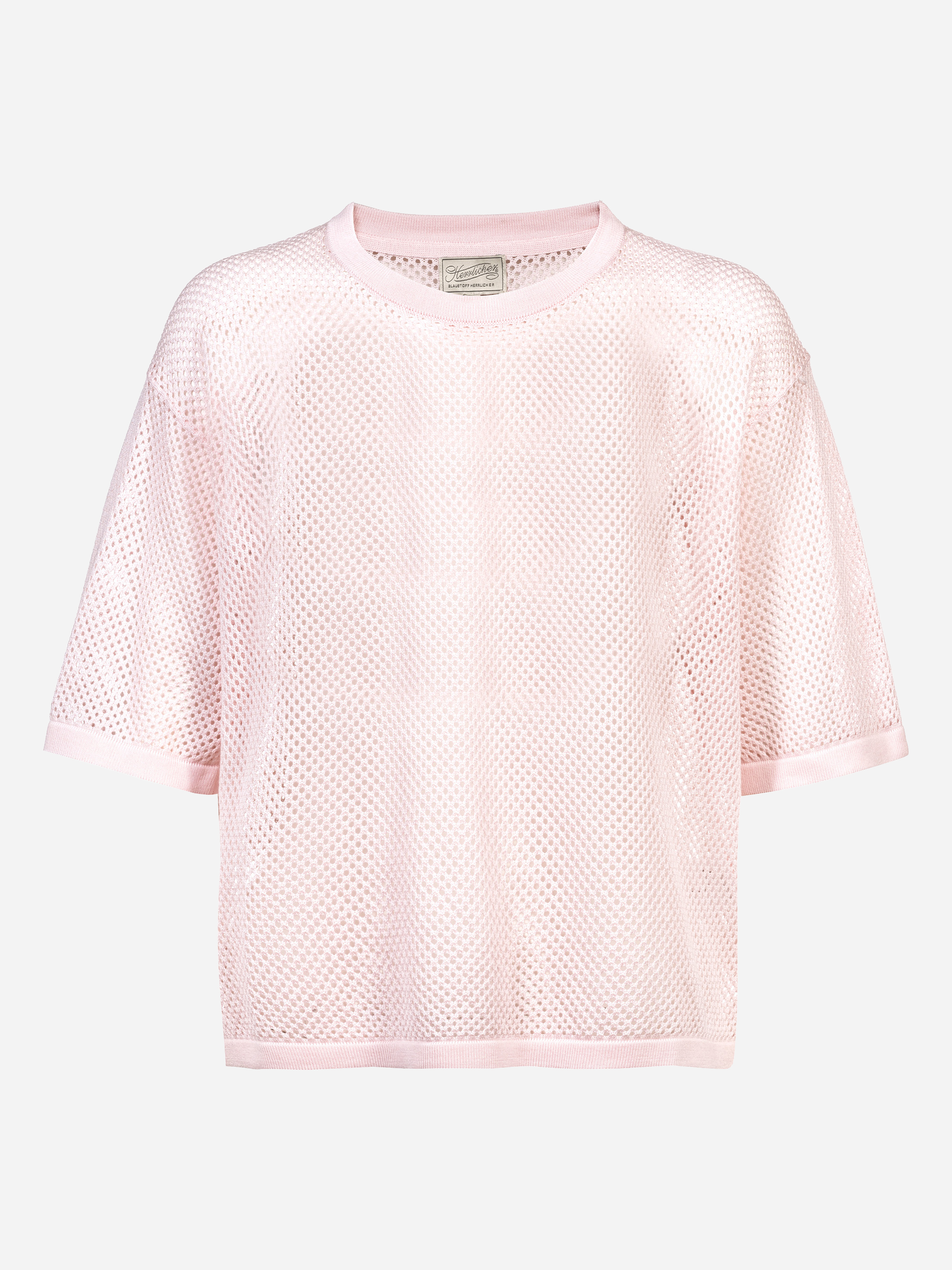 Ein hellrosa, kurzärmeliges Mesh-T-Shirt mit lockerer Passform und gerippten Abschlüssen an Hals, Ärmeln und Saum, das sich vor einem schlichten weißen Hintergrund präsentiert.