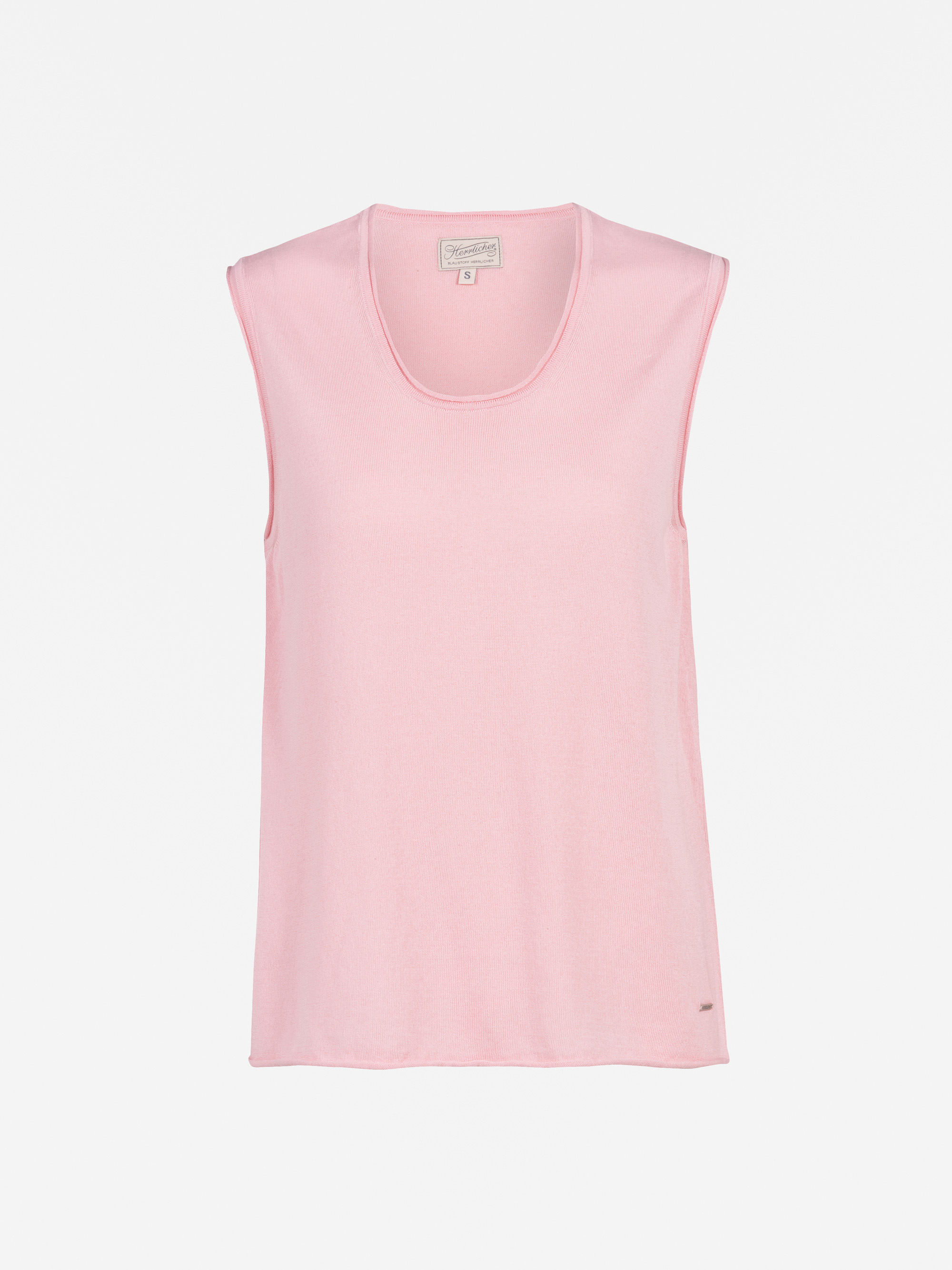 Ärmelloses, hellrosa Tank-Top mit Rundhalsausschnitt auf weißem Hintergrund.
