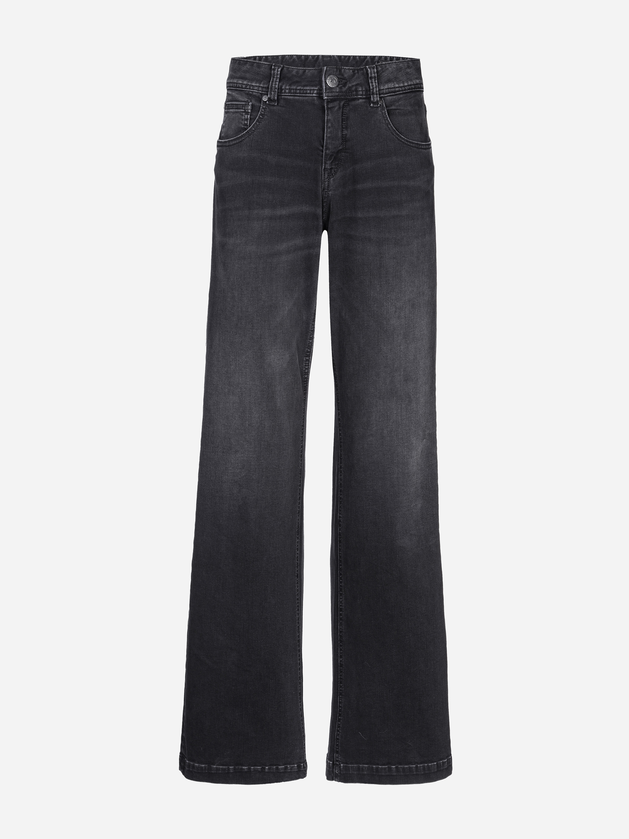 Schwarze Jeans mit weitem Bein, hoher Taille, Vorder- und Gesäßtaschen, Knopf- und Reißverschluss auf weißem Hintergrund.