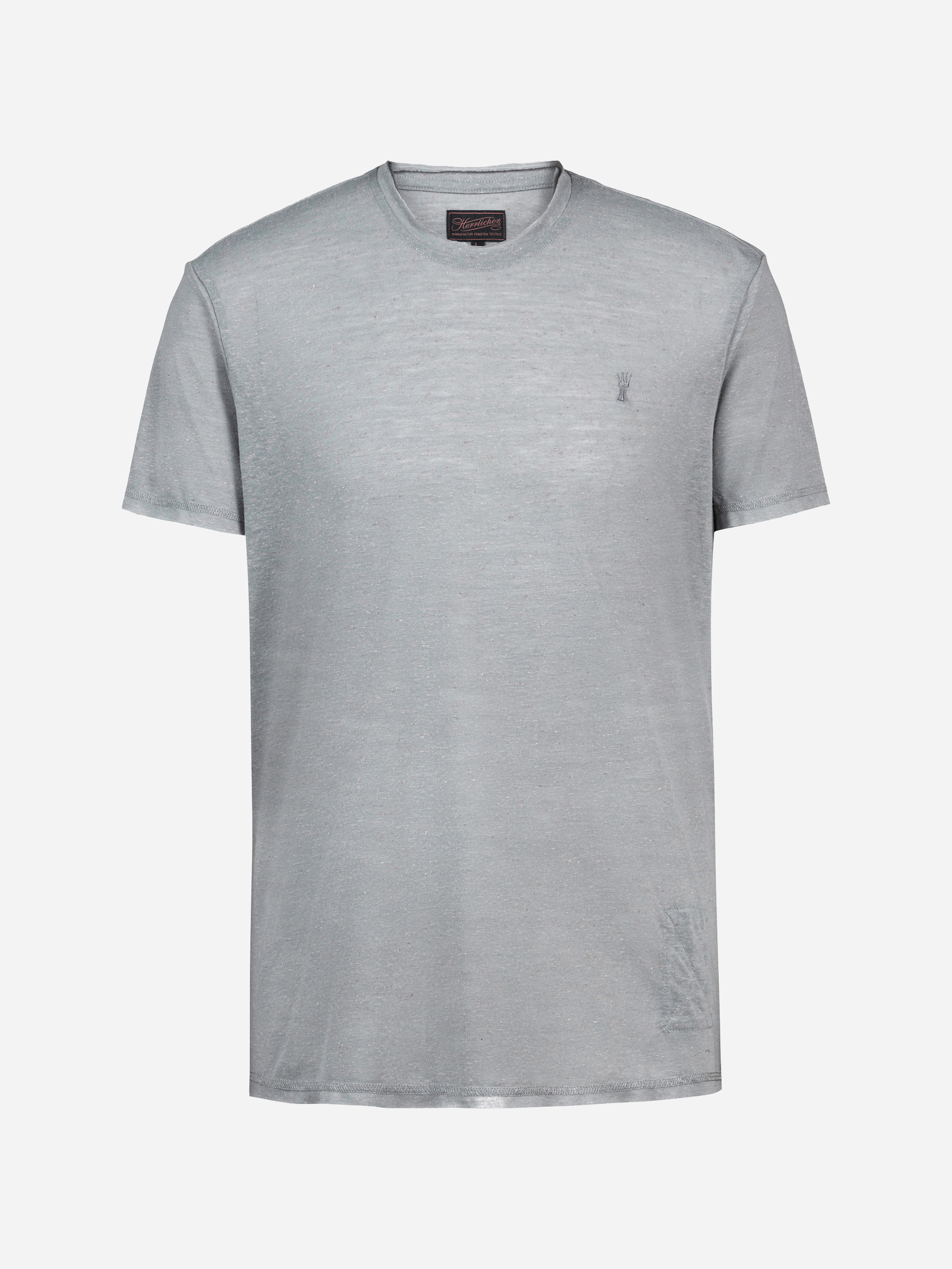 Hellgraues Kurzarm-T-Shirt mit Rundhalsausschnitt auf einfarbig weißem Hintergrund. Das Shirt hat ein einfaches Design mit einem kleinen, dezenten Logo im oberen linken Brustbereich.