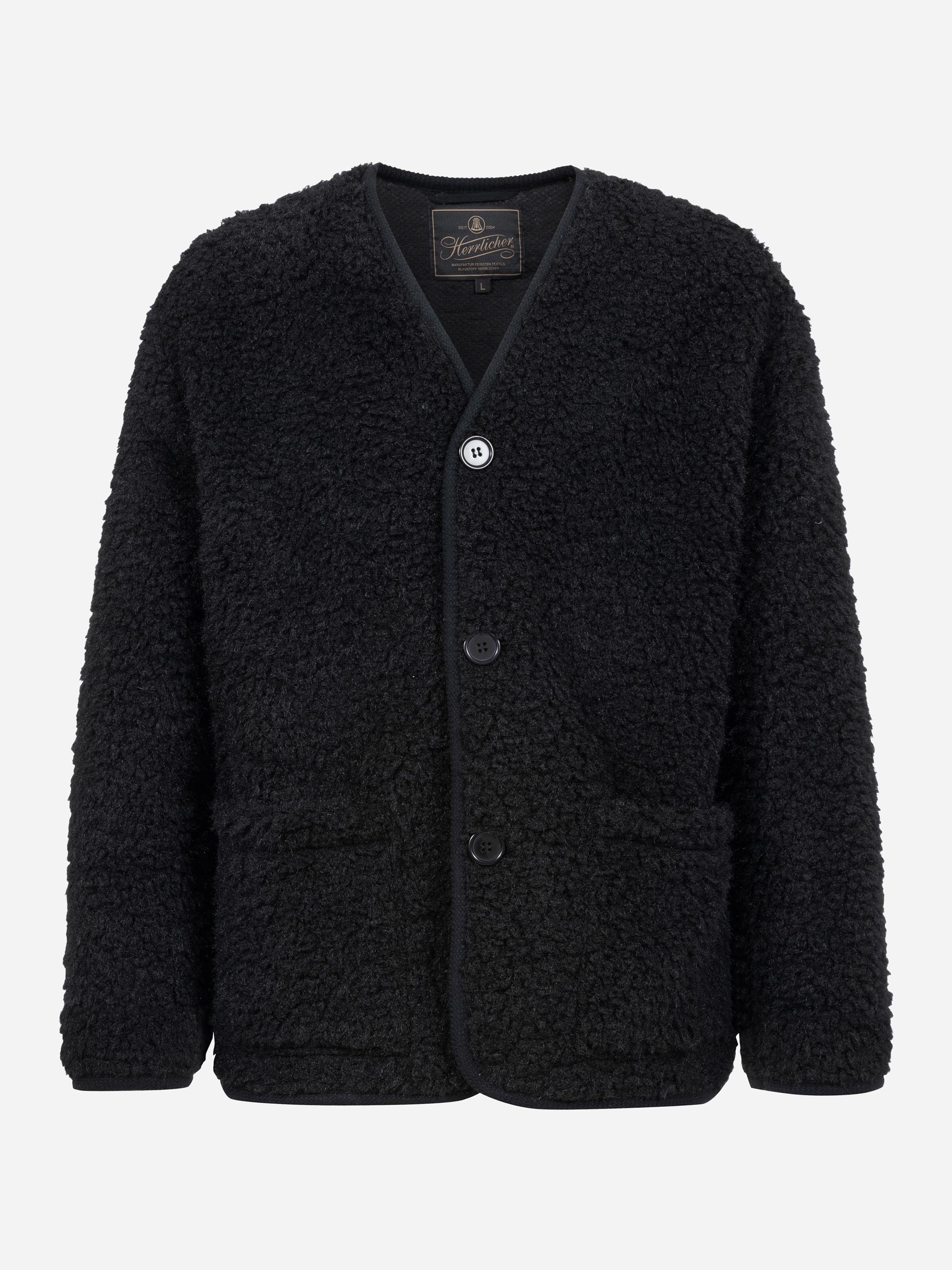 Schwarze, langärmelige Strickjacke mit Knopfleiste aus strukturiertem, flauschigem Sherpa-Fleece-Material mit zwei Vordertaschen und V-Ausschnitt.